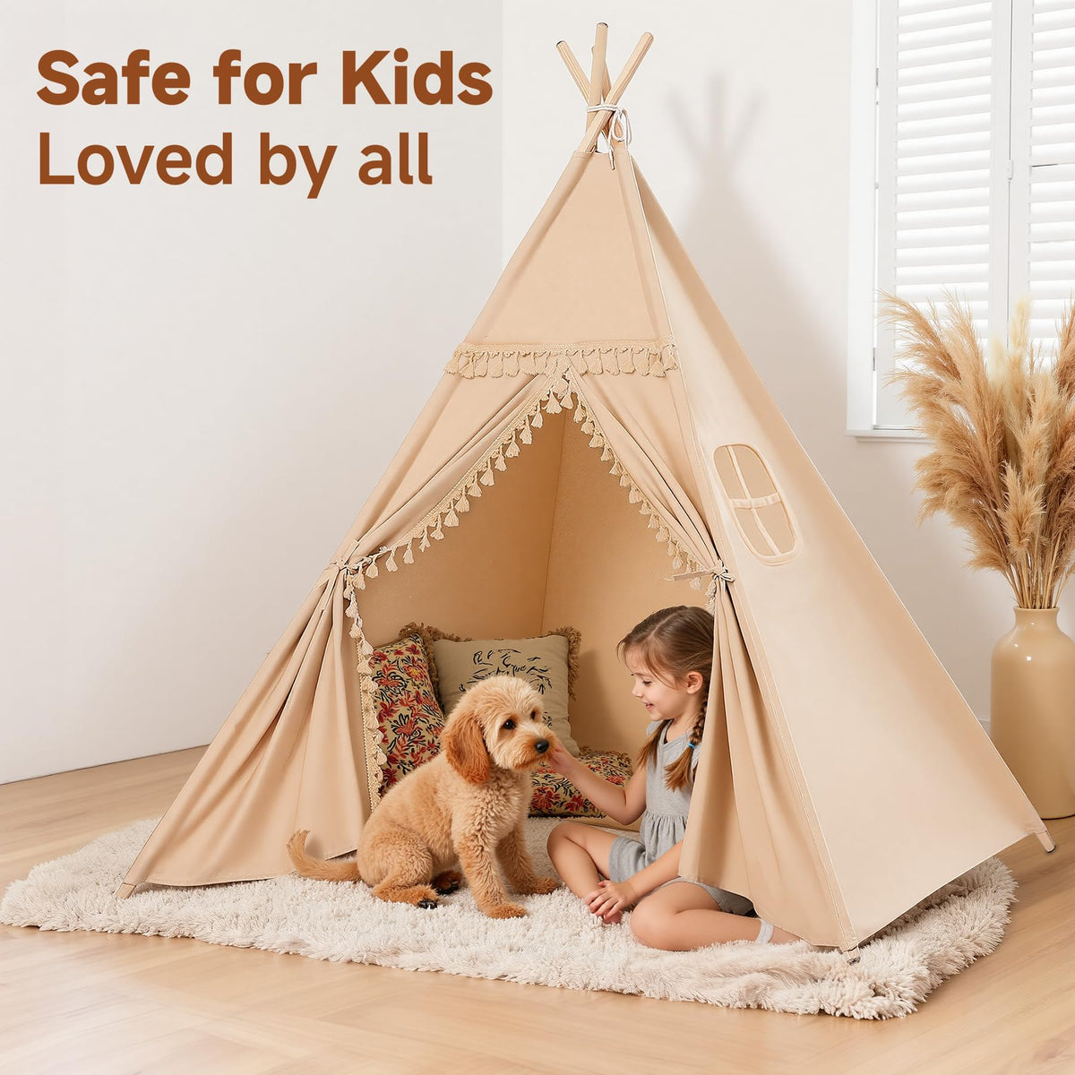 Sumbababy Kids Teepee Tent Khaki – Foldable Cotton Canvas Play Tent with Tassel Trim & Star Lights