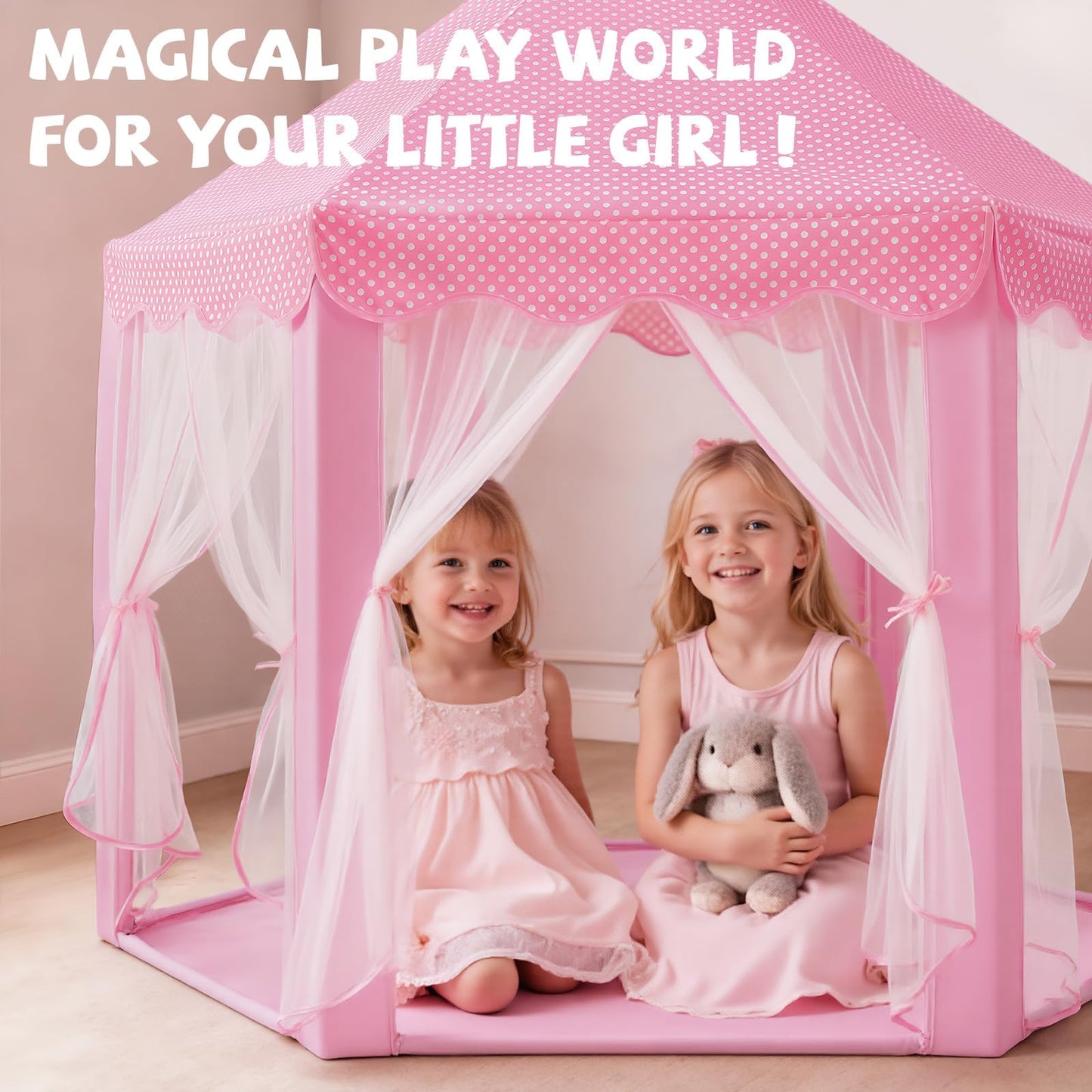 Sumbababy Princess Castle Tent for Girls — Pink Hexagon Playhouse with Fairy Star Lights