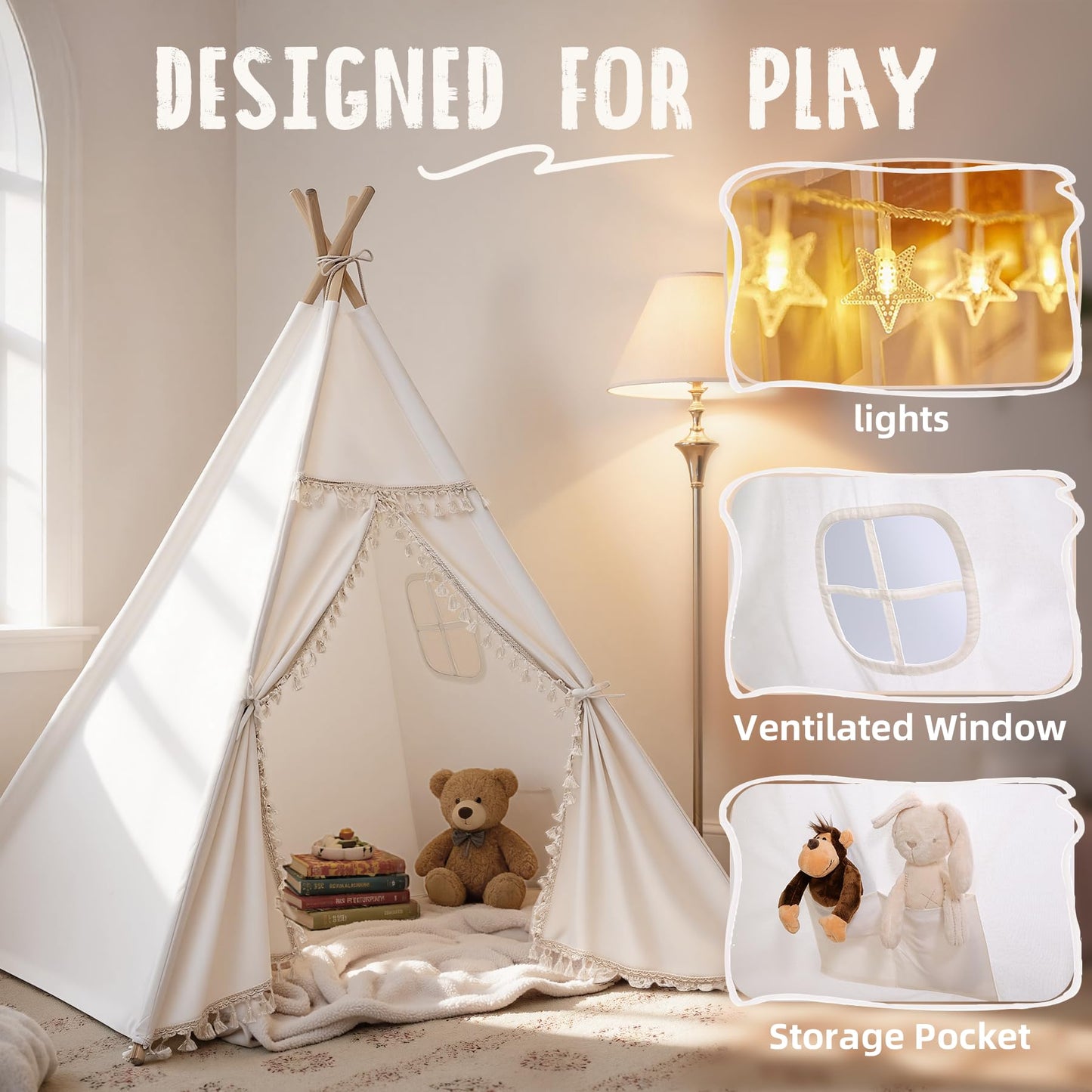 Sumbababy Kids Teepee Tent - Natural Canvas with Fringe