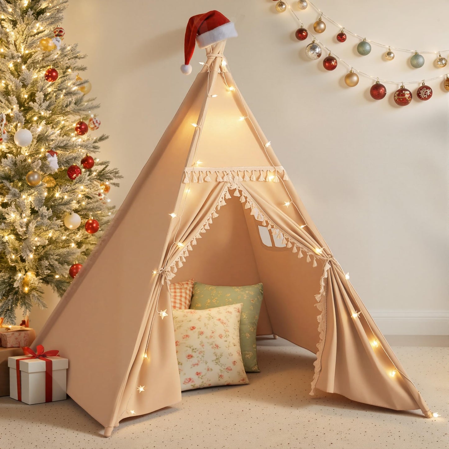 Sumbababy Kids Teepee Tent Khaki – Foldable Cotton Canvas Play Tent with Tassel Trim & Star Lights