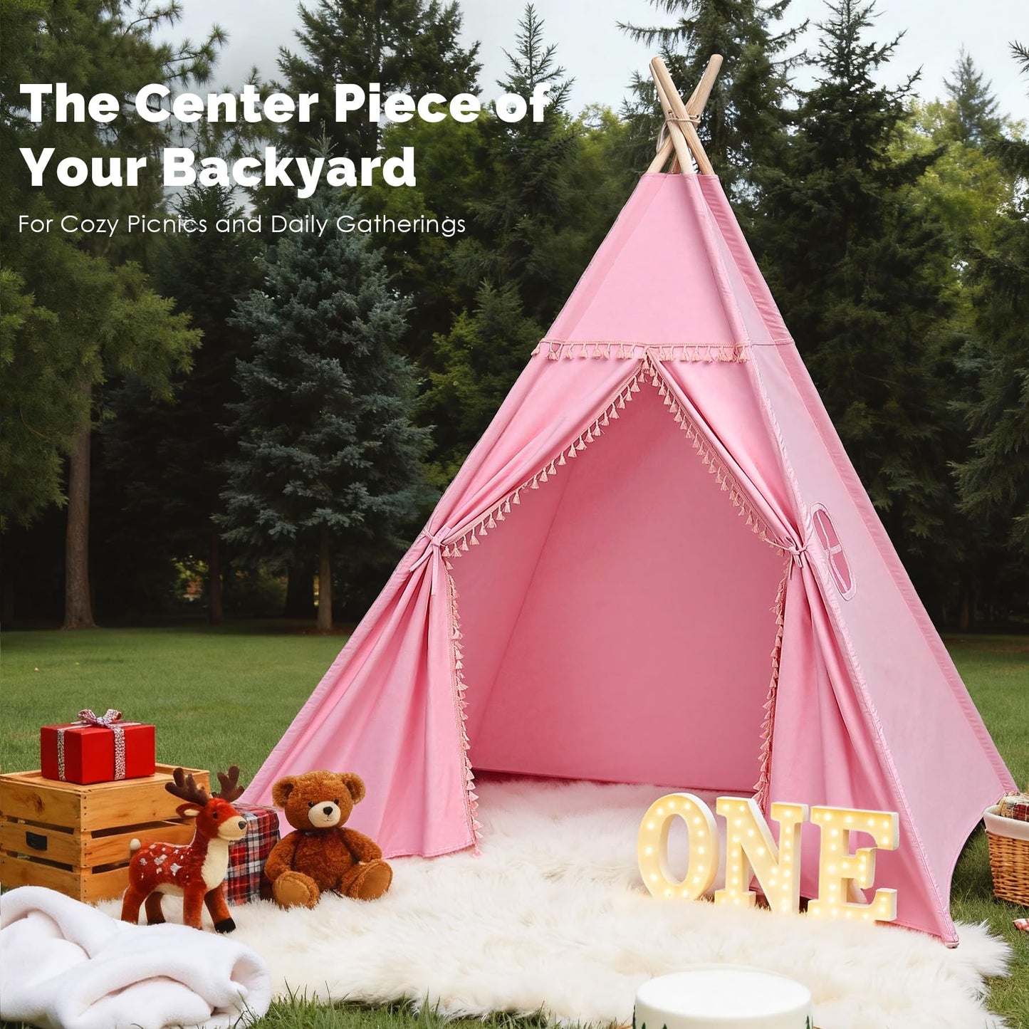 Sumbababy Large Teepee Tent – Pink Cotton Canvas Indoor Play Tent for Kids & Adults
