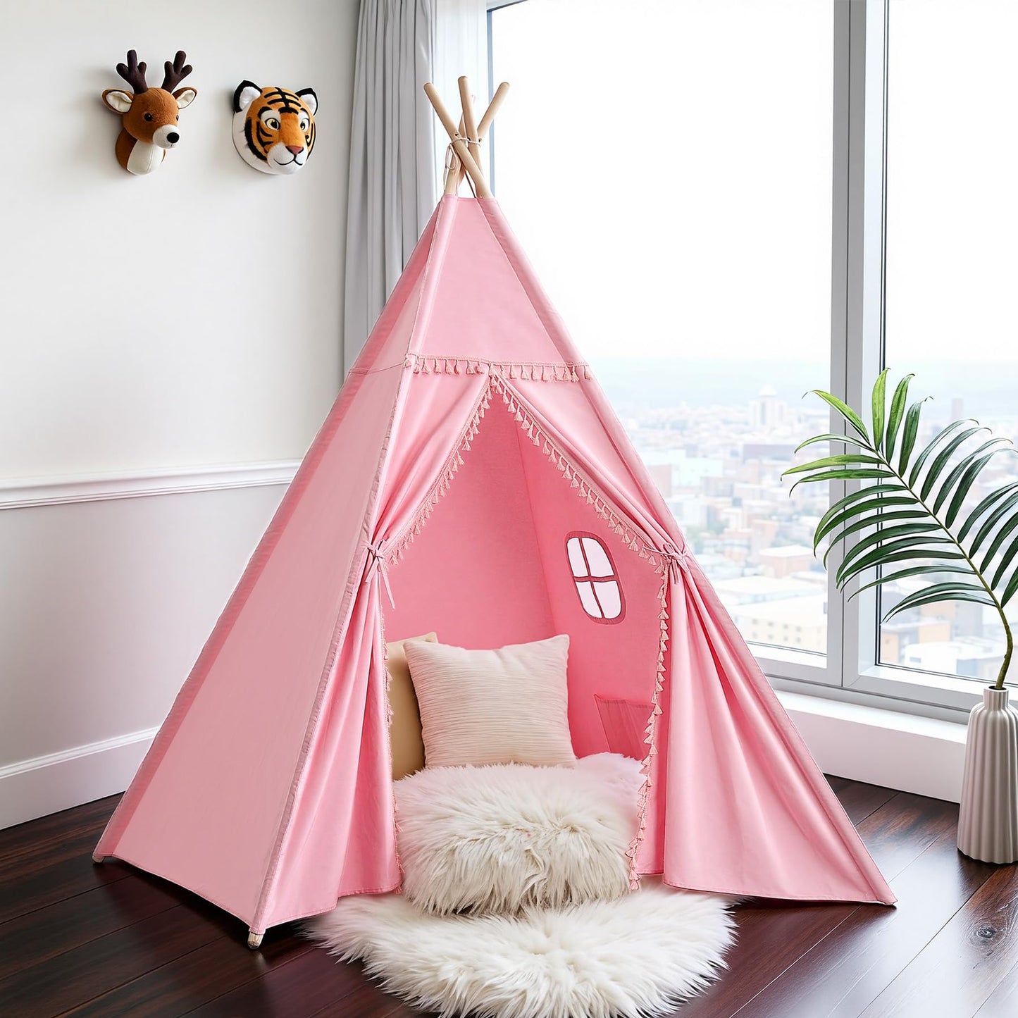 Sumbababy Large Teepee Tent – Pink Cotton Canvas Indoor Play Tent for Kids & Adults