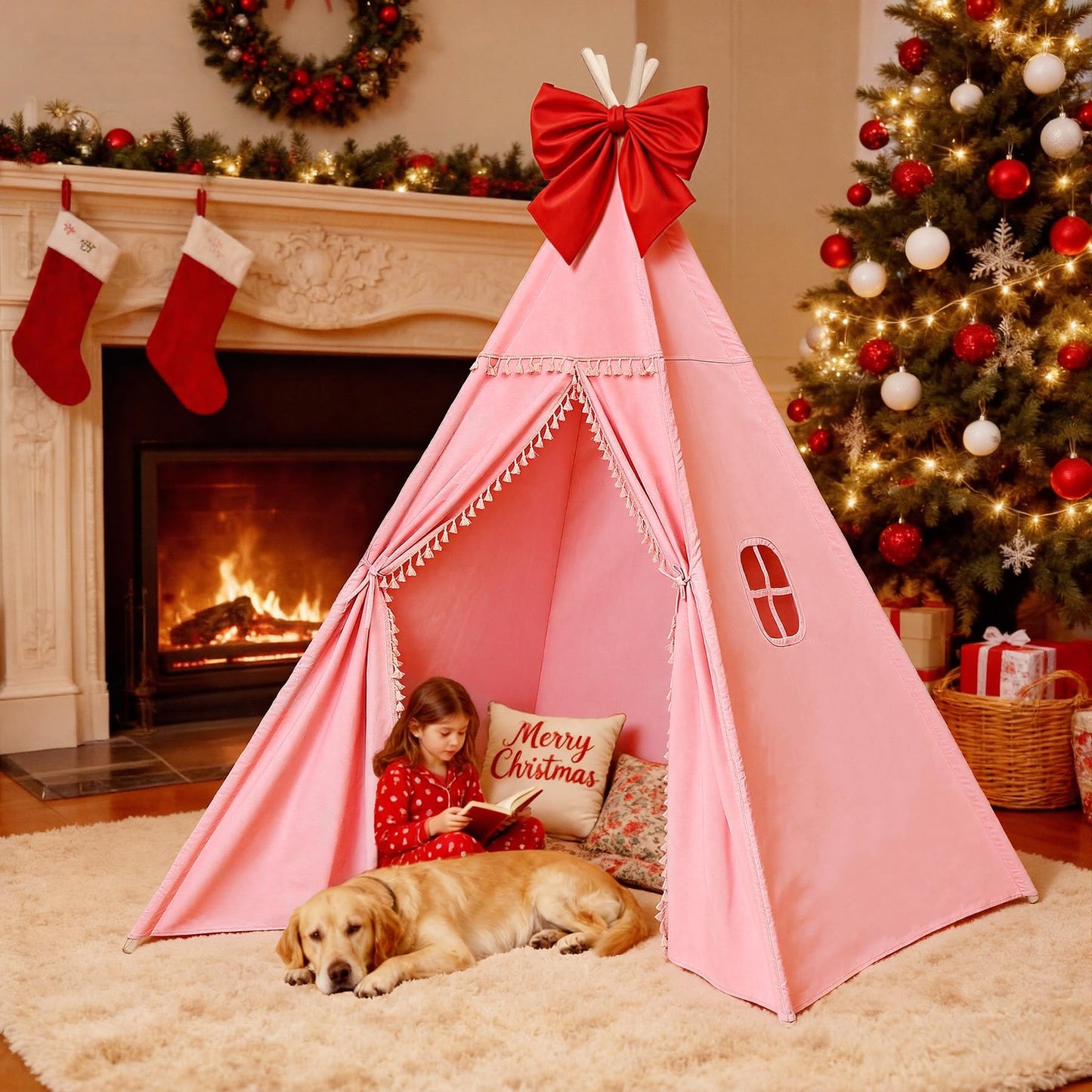 Sumbababy Large Teepee Tent – Pink Cotton Canvas Indoor Play Tent for Kids & Adults
