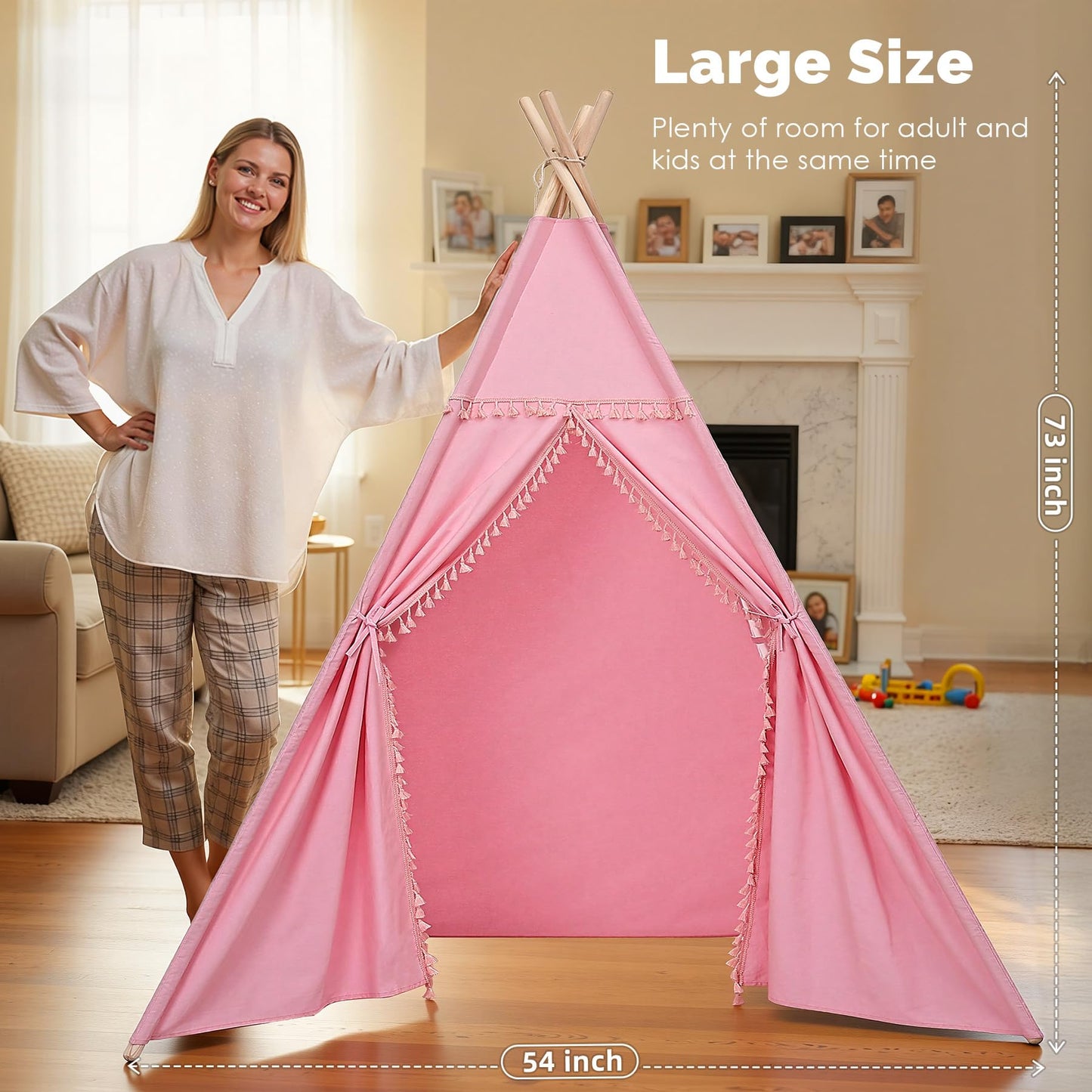 Sumbababy Large Teepee Tent – Pink Cotton Canvas Indoor Play Tent for Kids & Adults