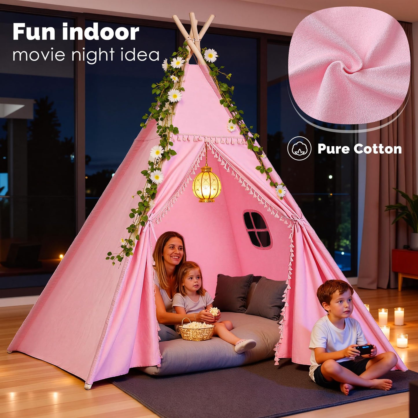 Sumbababy Large Teepee Tent – Pink Cotton Canvas Indoor Play Tent for Kids & Adults