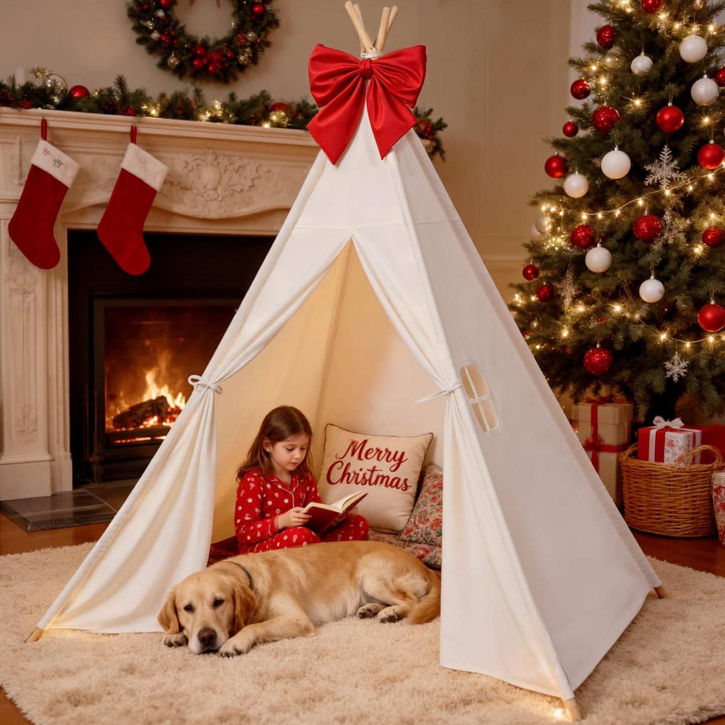 Sumbababy Large Teepee Tent for Kids – Cotton Canvas Indoor Play Tent, White