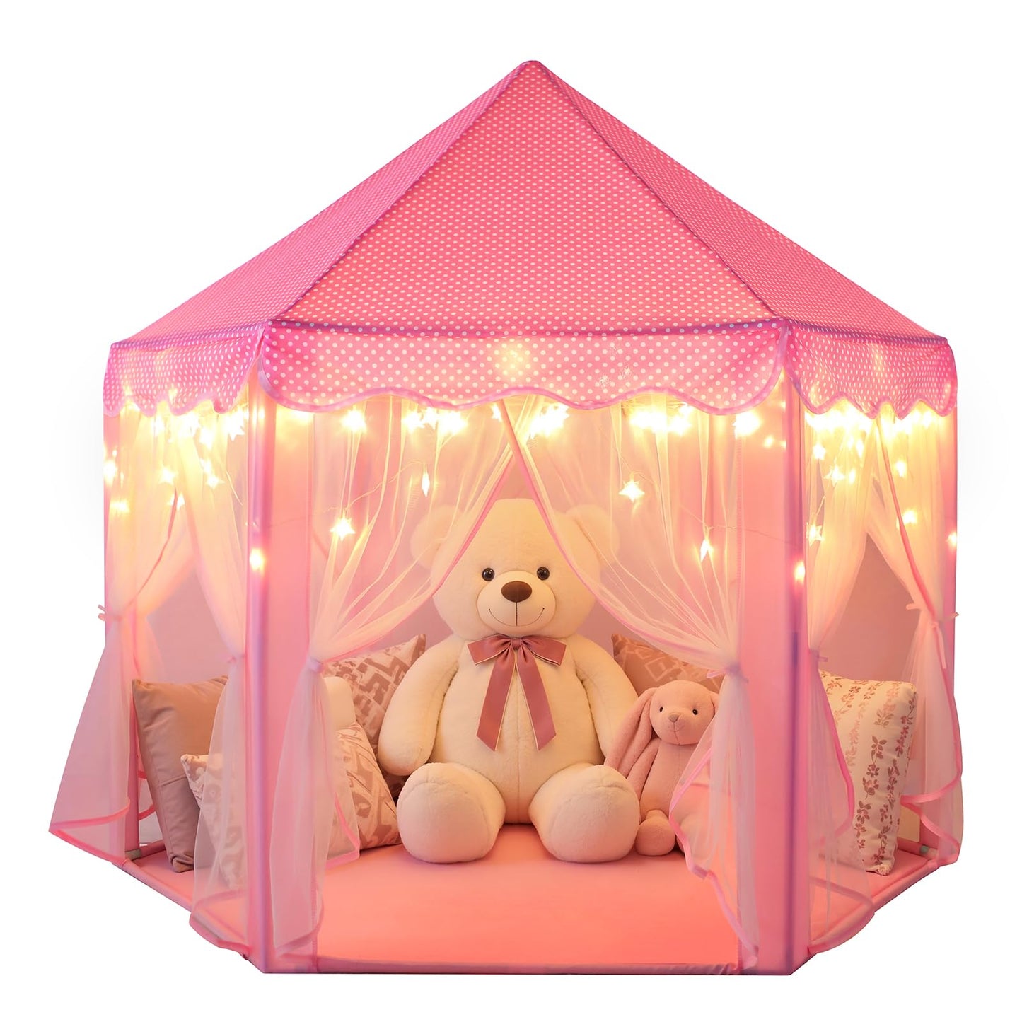 Sumbababy Princess Castle Tent for Girls — Pink Hexagon Playhouse with Fairy Star Lights