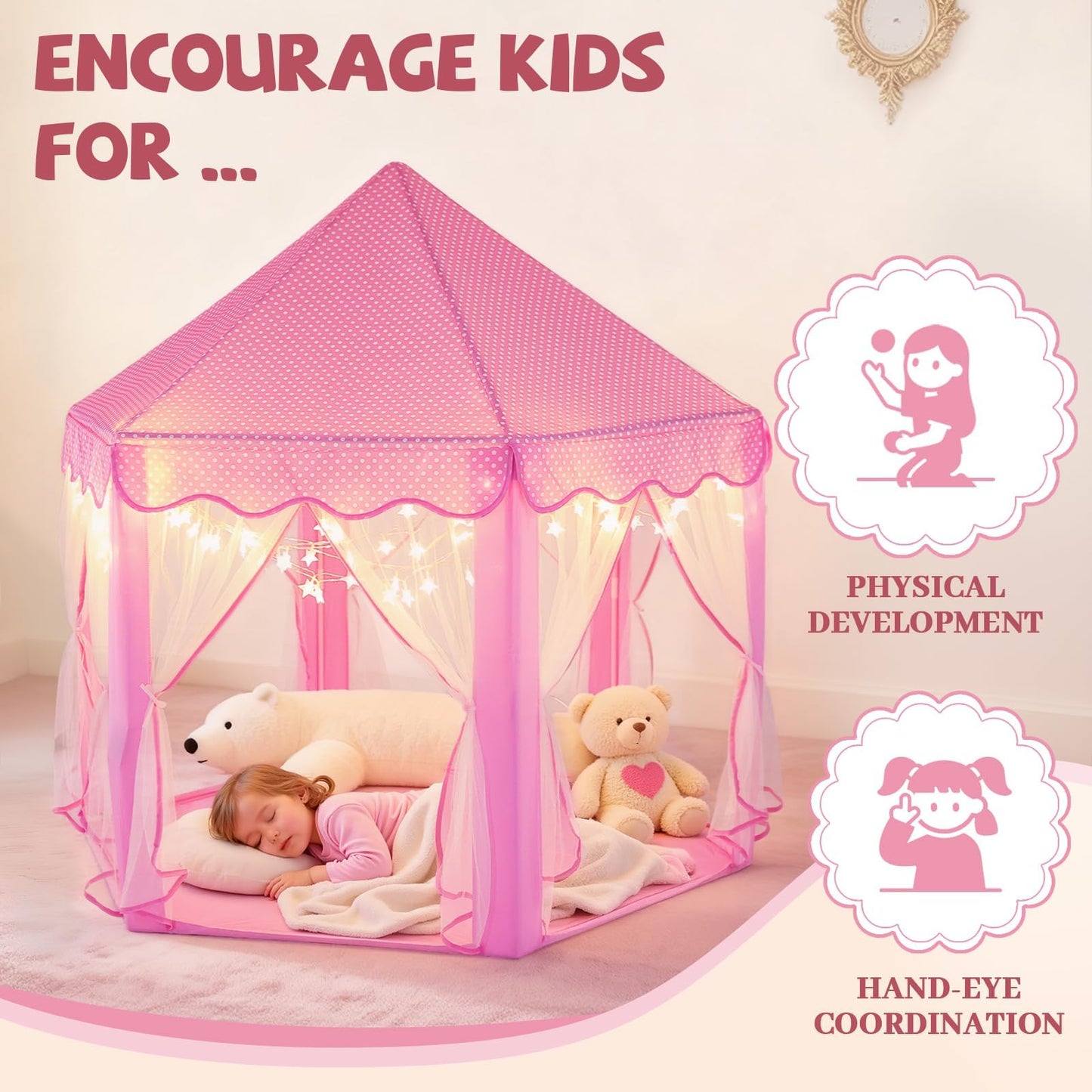 Sumbababy Princess Castle Tent for Girls — Pink Hexagon Playhouse with Fairy Star Lights