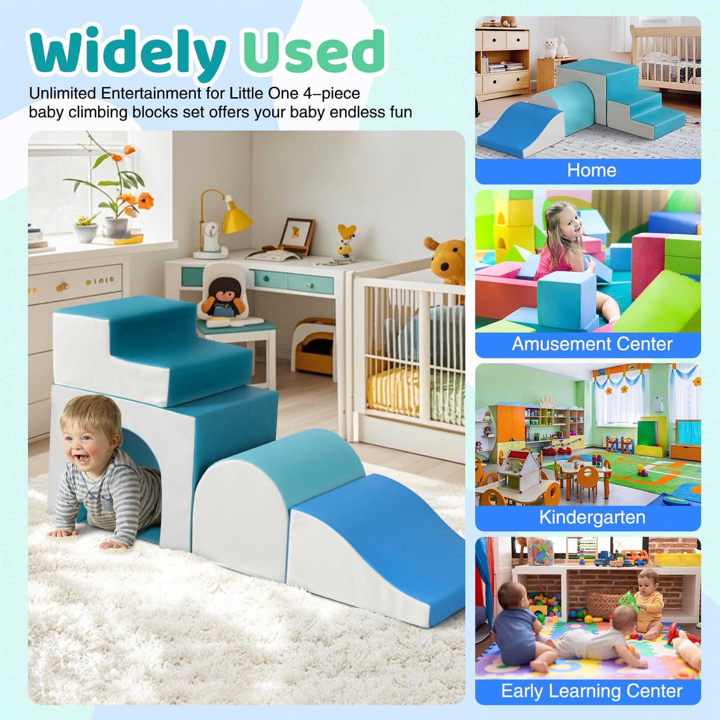 Sumbababy Foam Climbing Blocks for Toddlers with Tunnel - 4-Piece Indoor Soft Climber (Green)