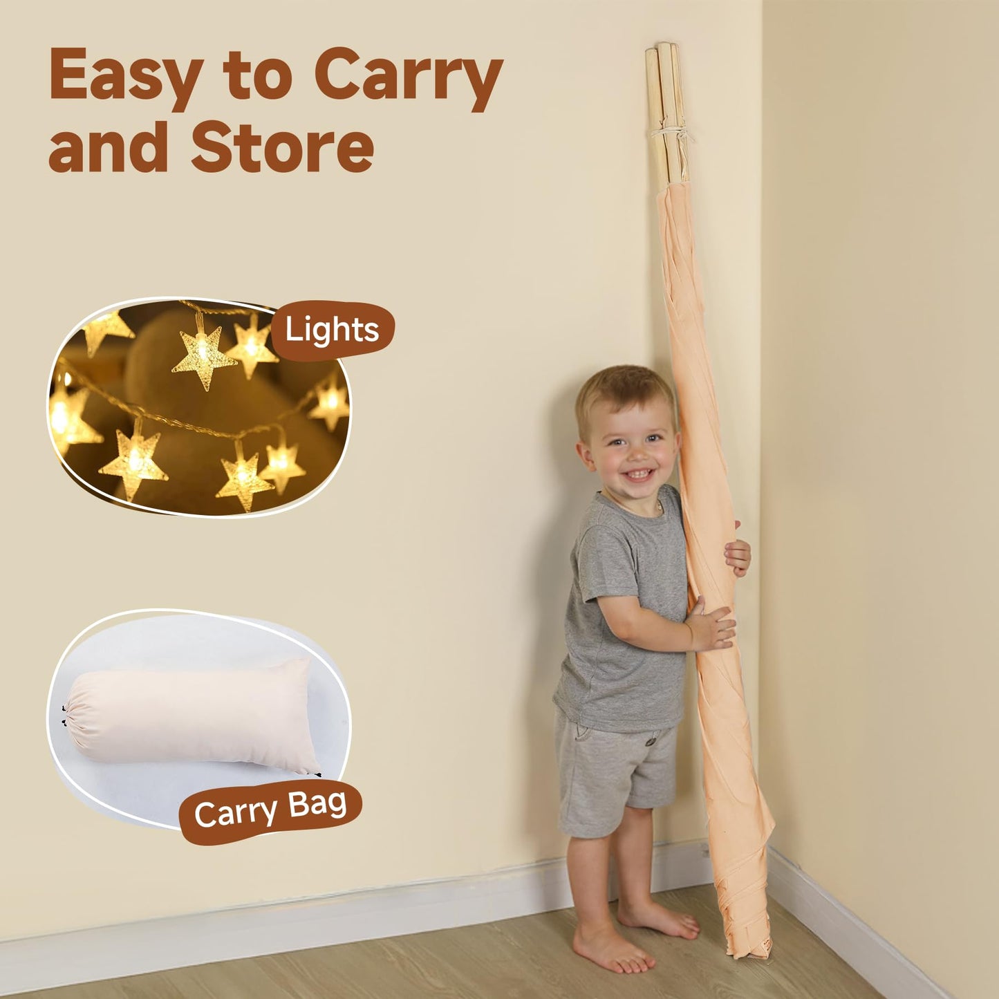 Sumbababy Kids Teepee Tent Khaki – Foldable Cotton Canvas Play Tent with Tassel Trim & Star Lights