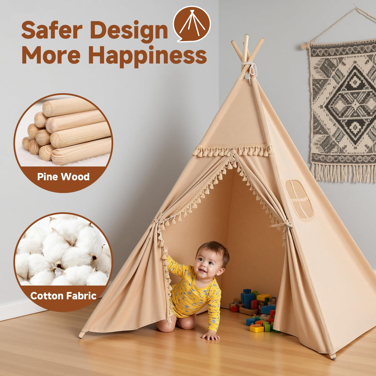 Sumbababy Kids Teepee Tent Khaki – Foldable Cotton Canvas Play Tent with Tassel Trim & Star Lights