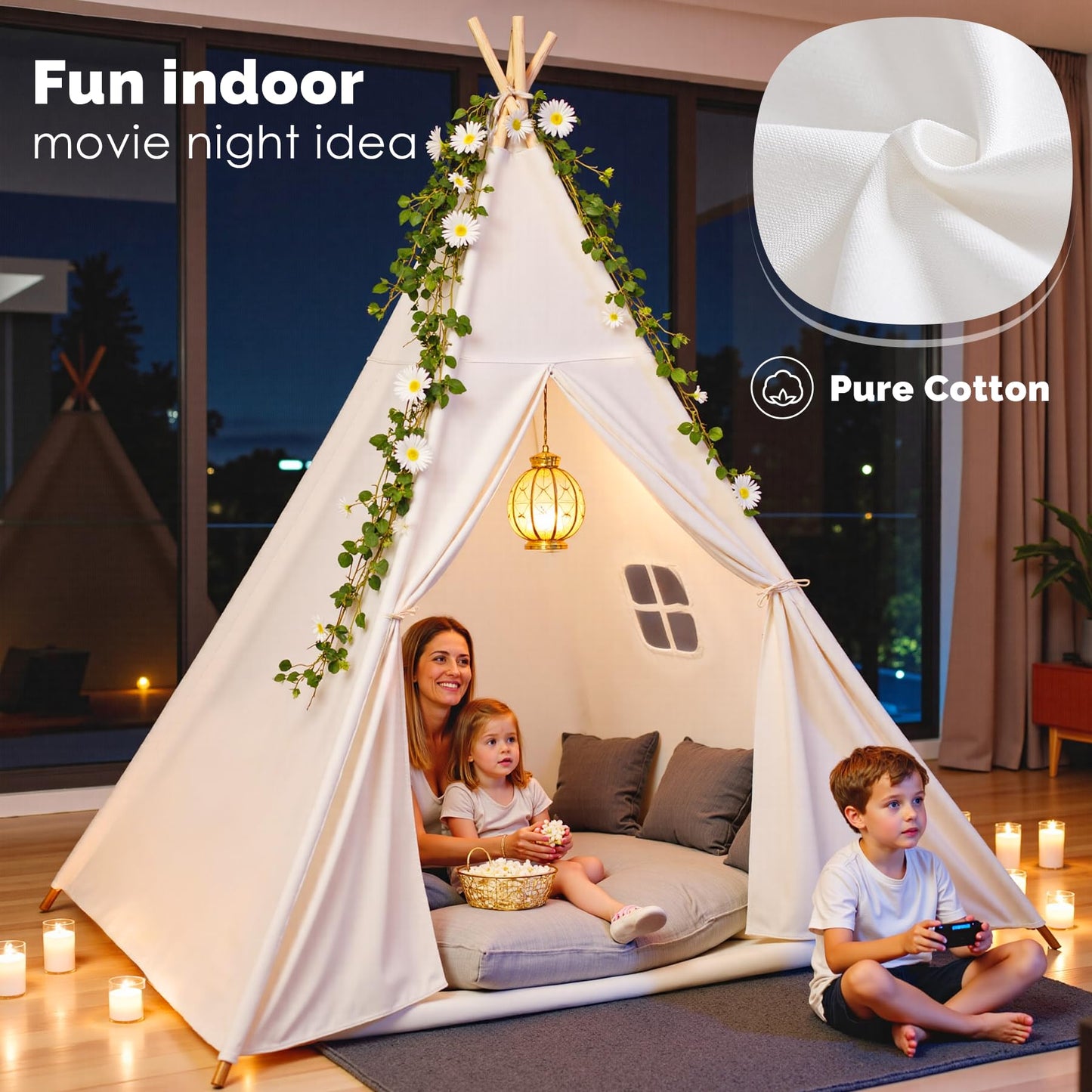 Sumbababy Large Teepee Tent for Kids – Cotton Canvas Indoor Play Tent, White