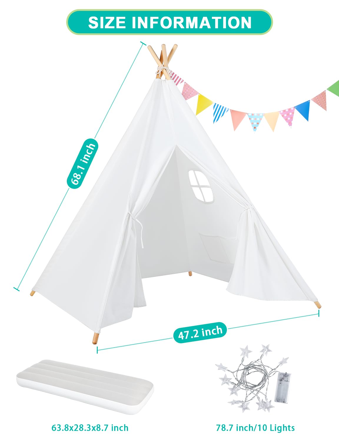 Sumbababy Teepee Tent 2 Pack for Kids Sleepovers – Inflatable Airbeds, Star Lights & Flags
