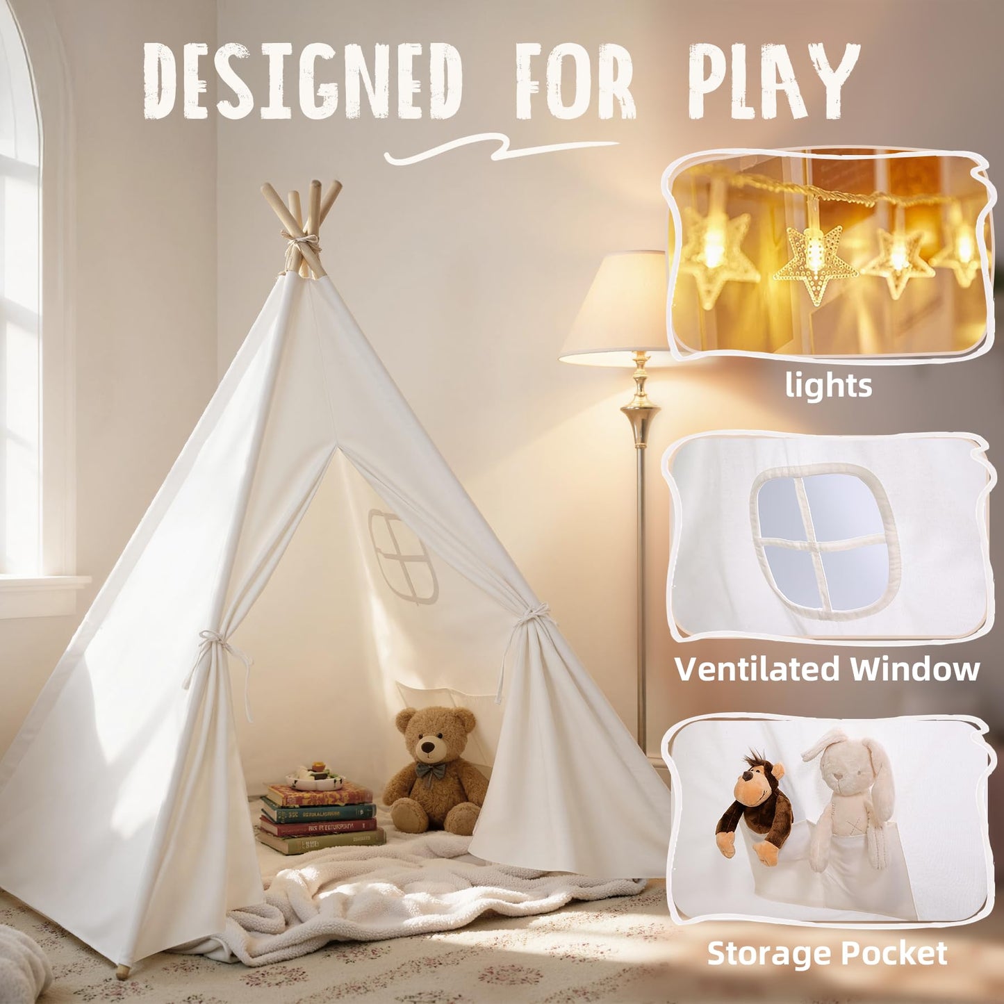 Sumbababy Teepee Tent for Kids – Indoor Playhouse with Lights, Foldable & Safe Canvas