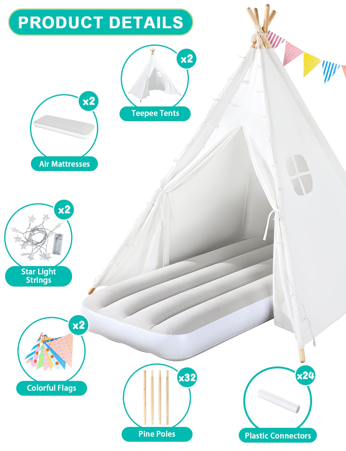 Sumbababy Teepee Tent 2 Pack for Kids Sleepovers – Inflatable Airbeds, Star Lights & Flags