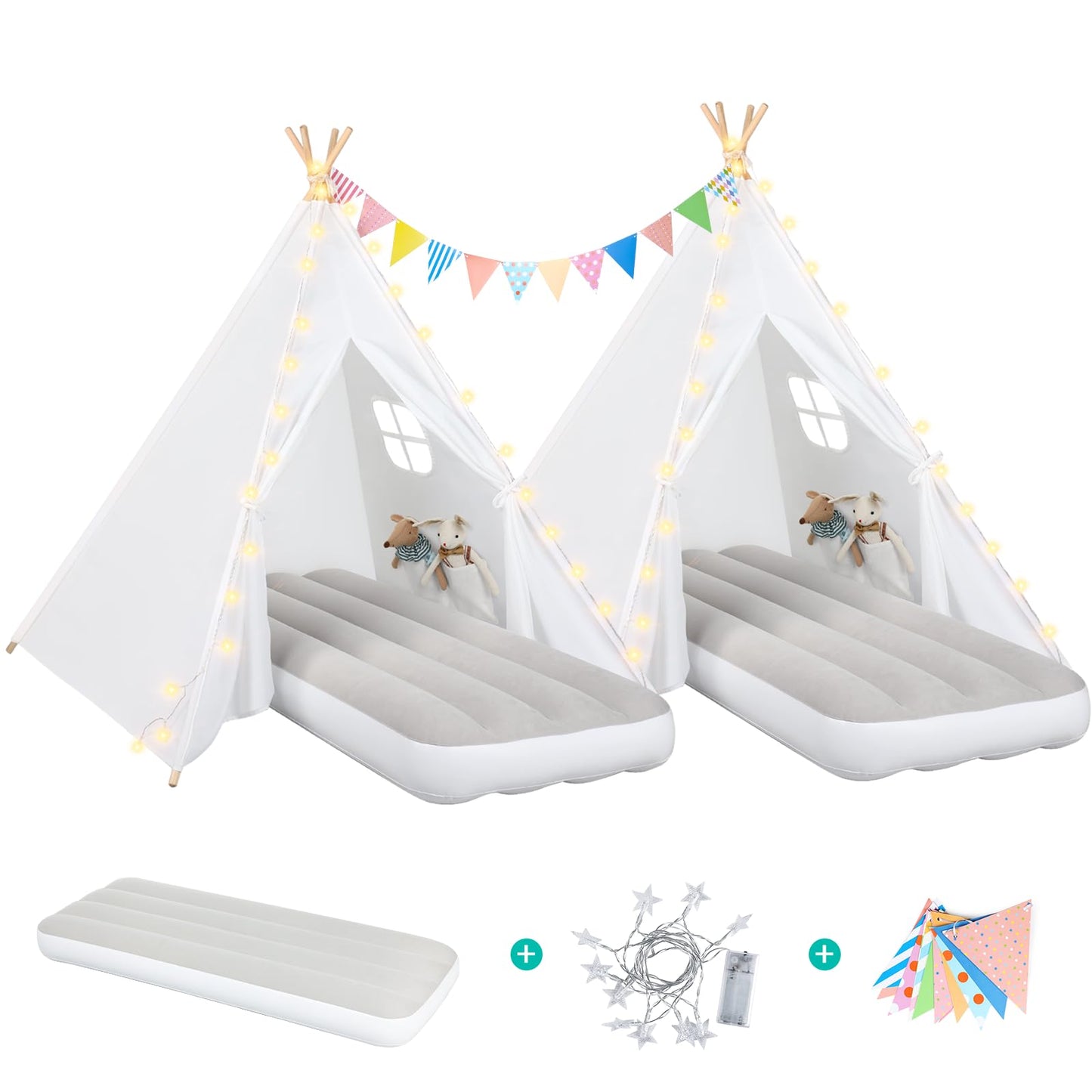 Sumbababy Teepee Tent 2 Pack for Kids Sleepovers – Inflatable Airbeds, Star Lights & Flags