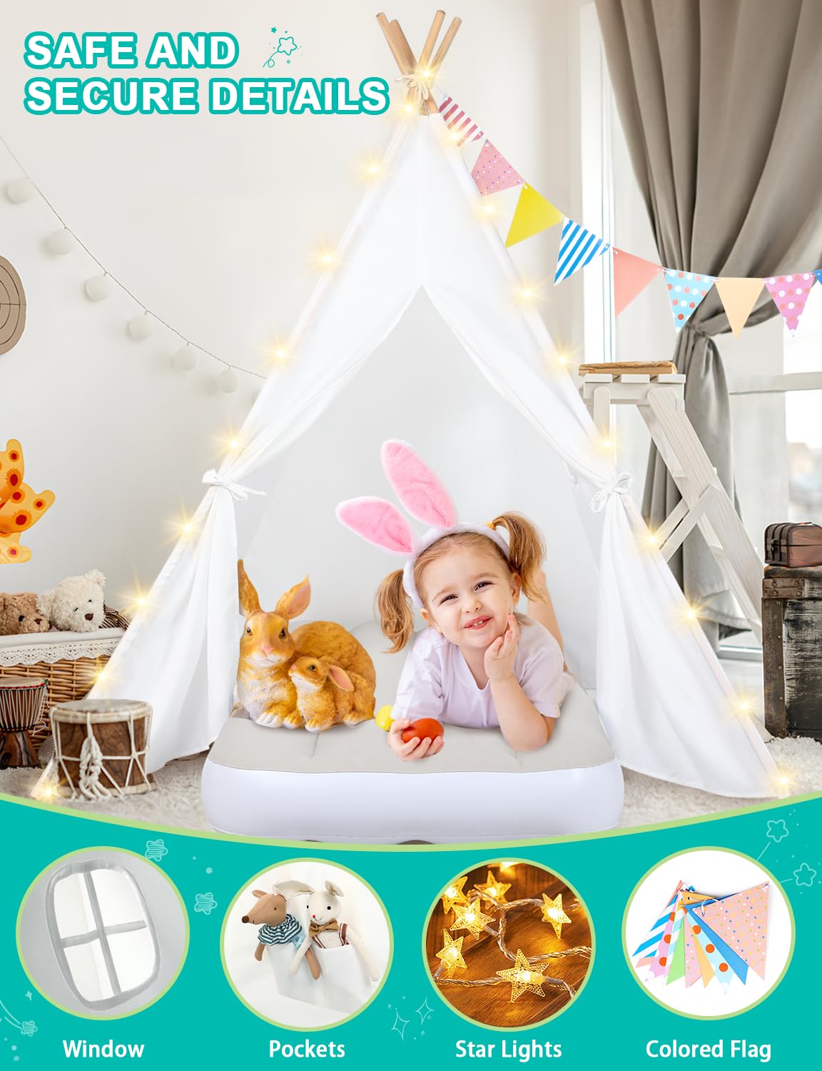 Sumbababy Teepee Tent 2 Pack for Kids Sleepovers – Inflatable Airbeds, Star Lights & Flags