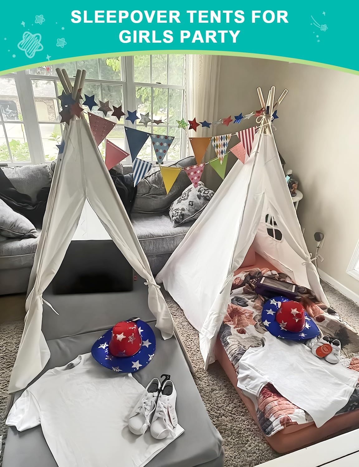 Sumbababy Teepee Tent 2 Pack for Kids Sleepovers – Inflatable Airbeds, Star Lights & Flags