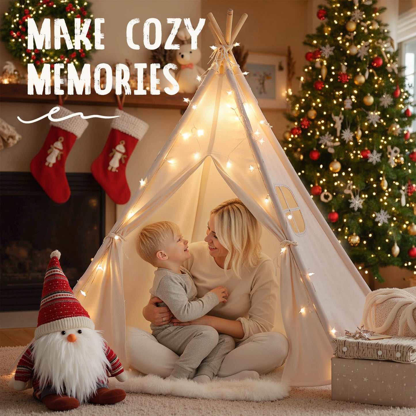 Sumbababy Teepee Tent for Kids – Indoor Playhouse with Lights, Foldable & Safe Canvas