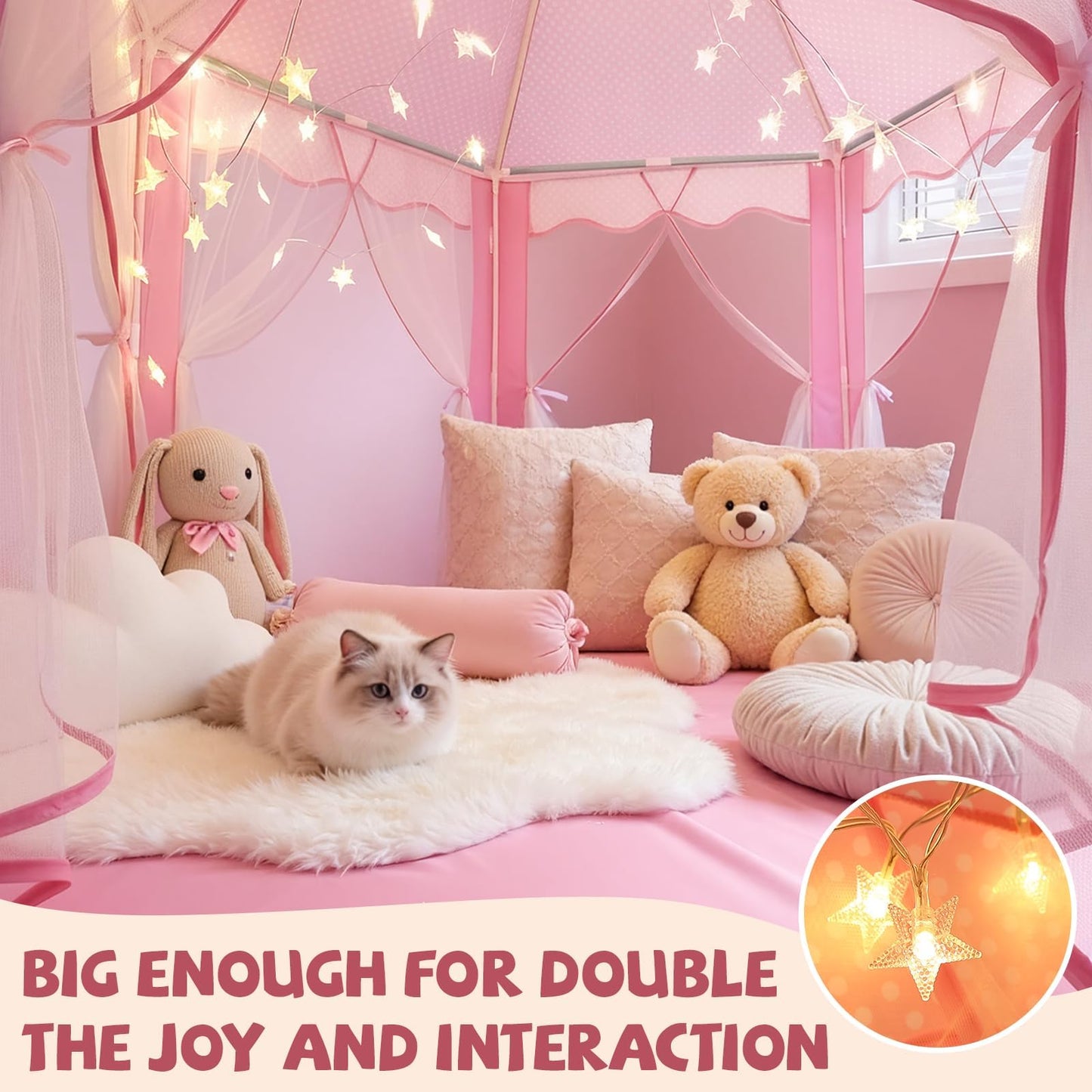 Sumbababy Princess Castle Tent for Girls — Pink Hexagon Playhouse with Fairy Star Lights