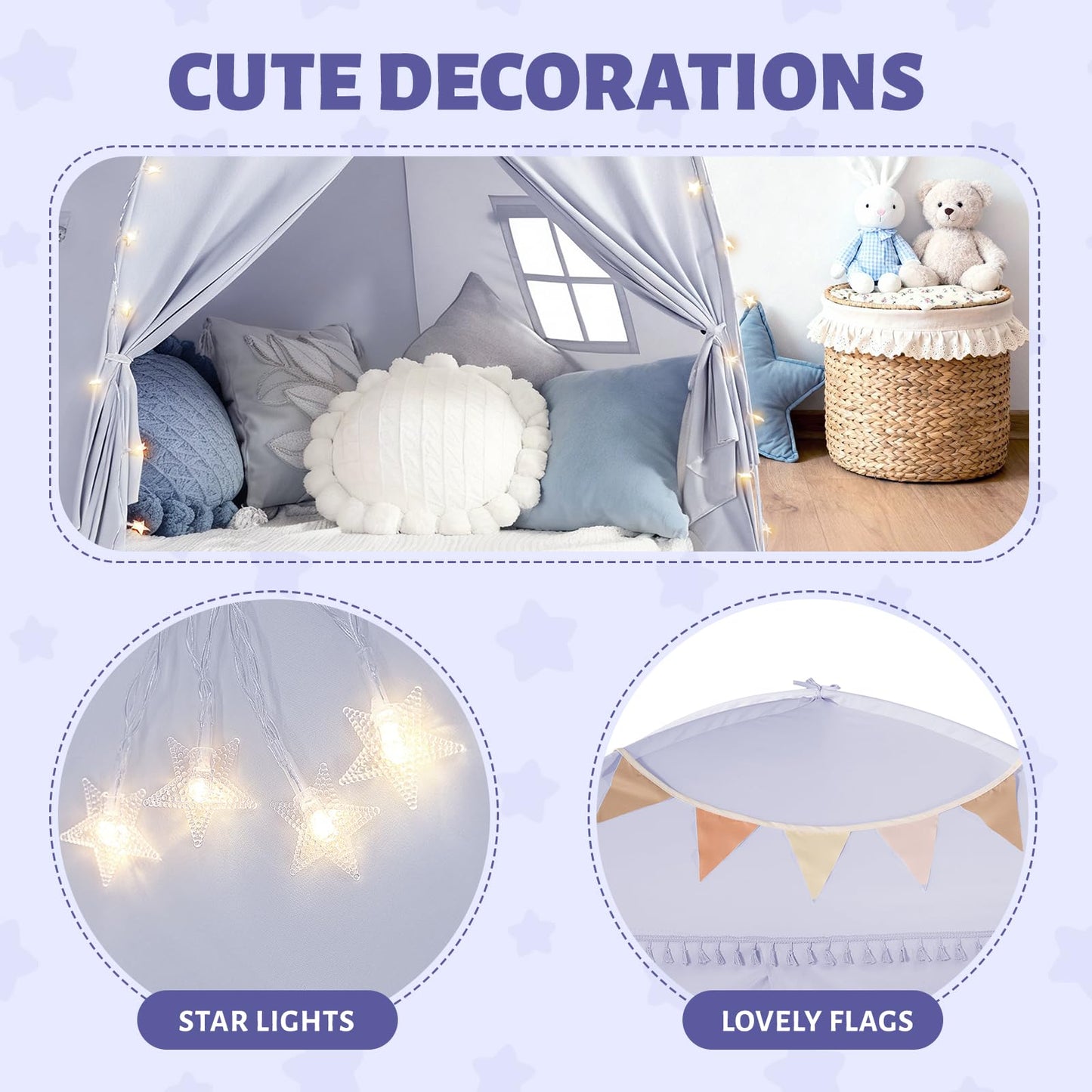 Sumbababy Large Teepee Tent for Kids with Star Lights | Indoor Play Tent for Boys & Girls