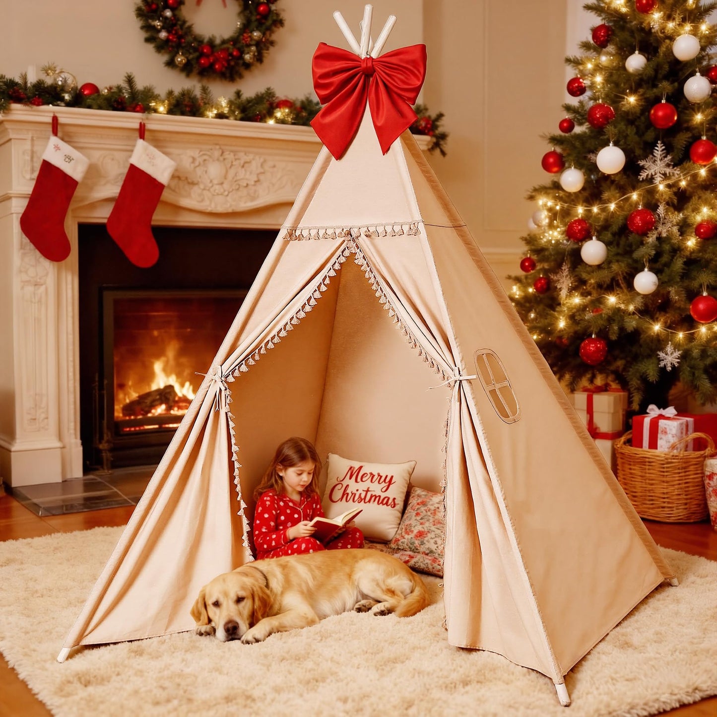 Sumbababy Large Teepee Tent – Cotton Canvas Indoor Play Space for Kids & Adults (Khaki)