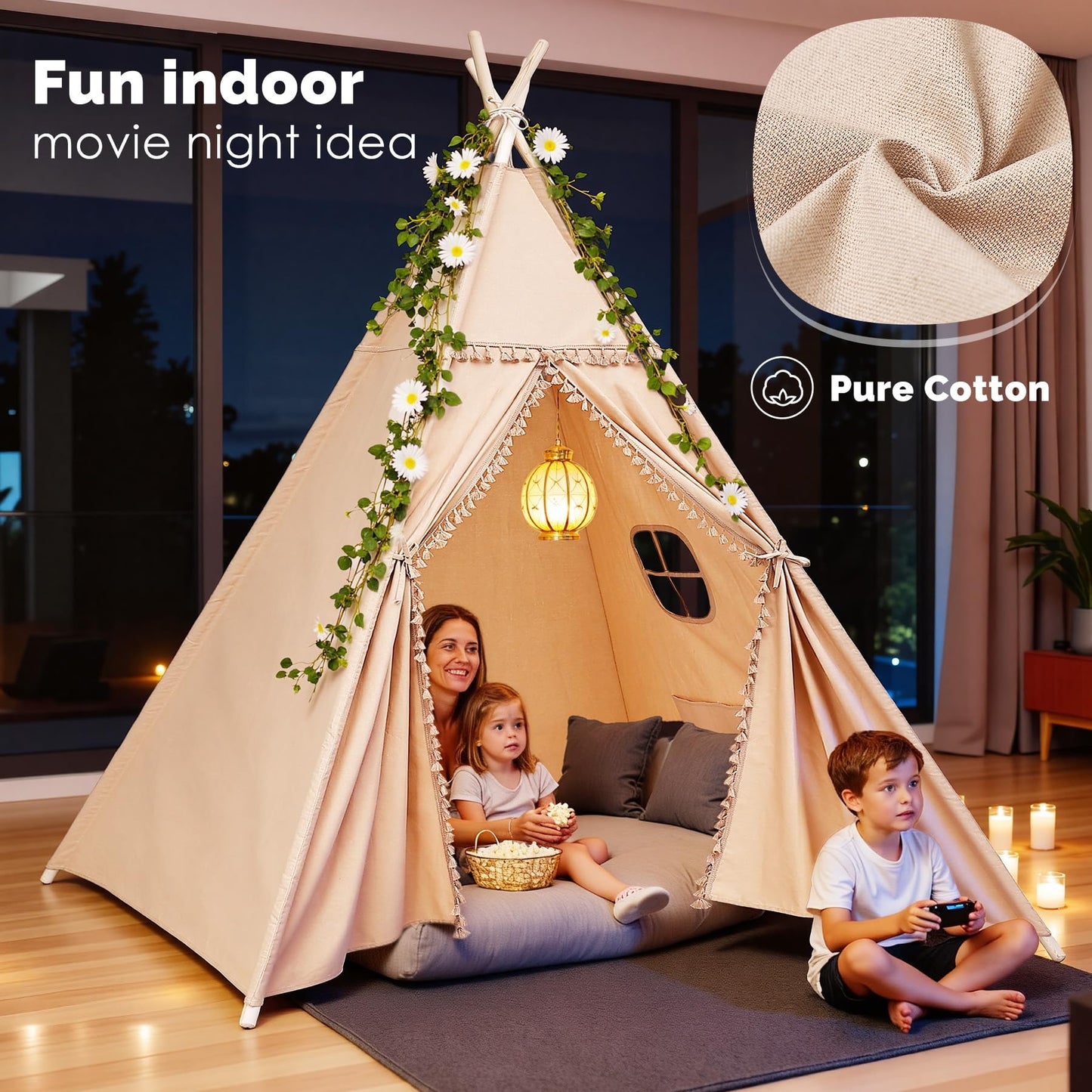 Sumbababy Large Teepee Tent – Cotton Canvas Indoor Play Space for Kids & Adults (Khaki)