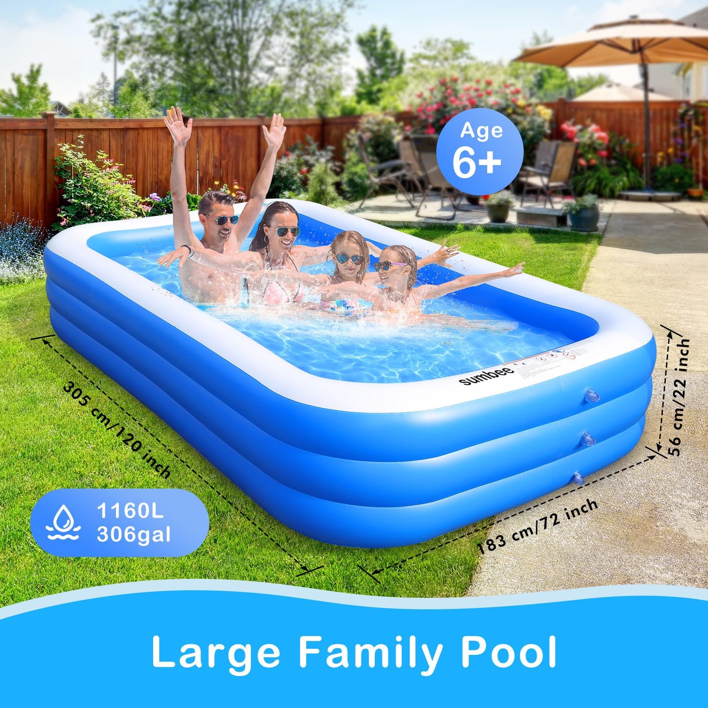 Sumbee Inflatable Family Pool 120x72x22 in — Large Backyard Pool for Kids 4–12, Blue