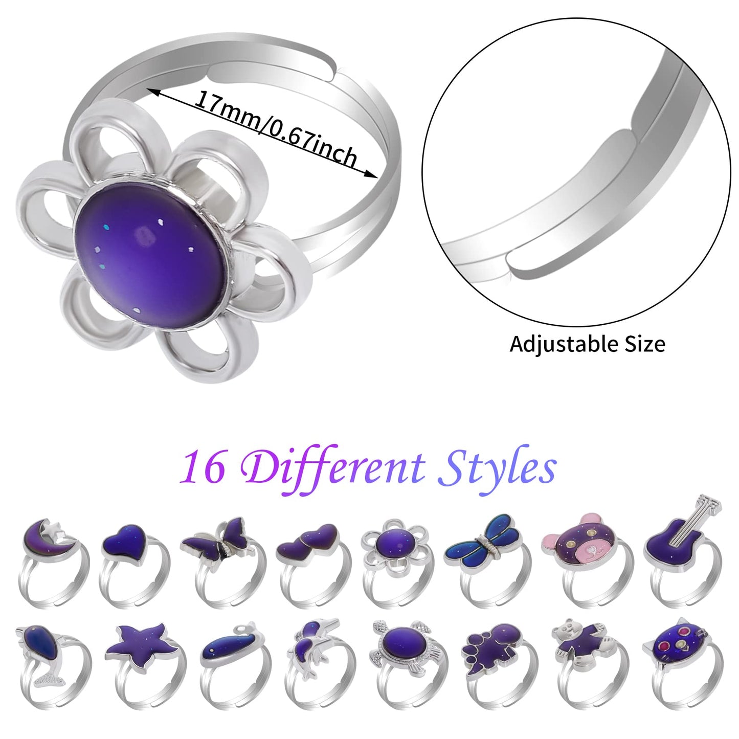 SUMERSHA 16Pcs Mood Rings - Adjustable Color-Changing Rings for Women | Party Favors