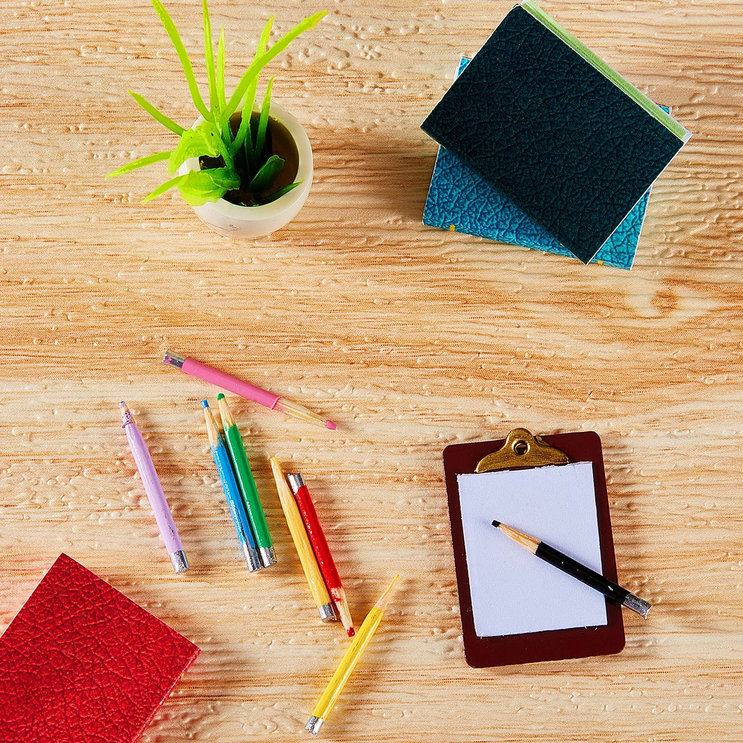 Sumind 4-Piece Miniature Book Set with Pencils & Clipboards for Dollhouse Decor | DIY Craft