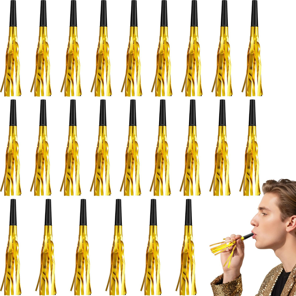 Sumind 48 Pcs Gold Noise Makers – Glitter Party Blowouts for Adults, New Year & Sports