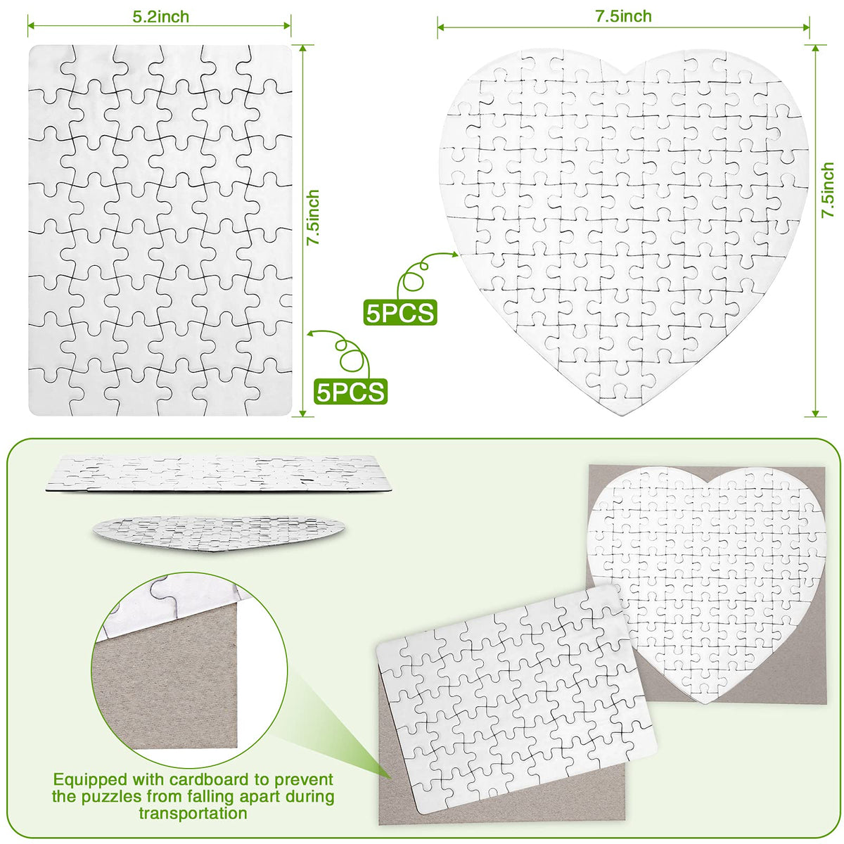 Sumind 10 Sets Blank Sublimation Puzzles – Rectangle A5 48 Pieces & Heart Shaped 75 Pieces for DIY Gifts