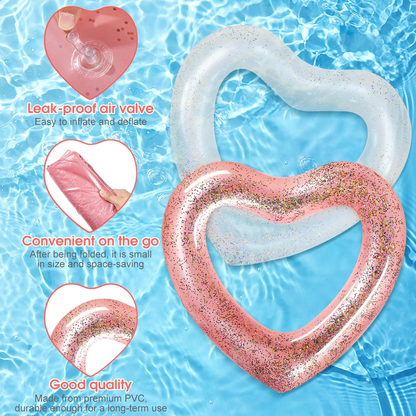 Sumind 2 Pcs Heart Pool Floats – 47.3 x 39.4 in, White & Rose Gold