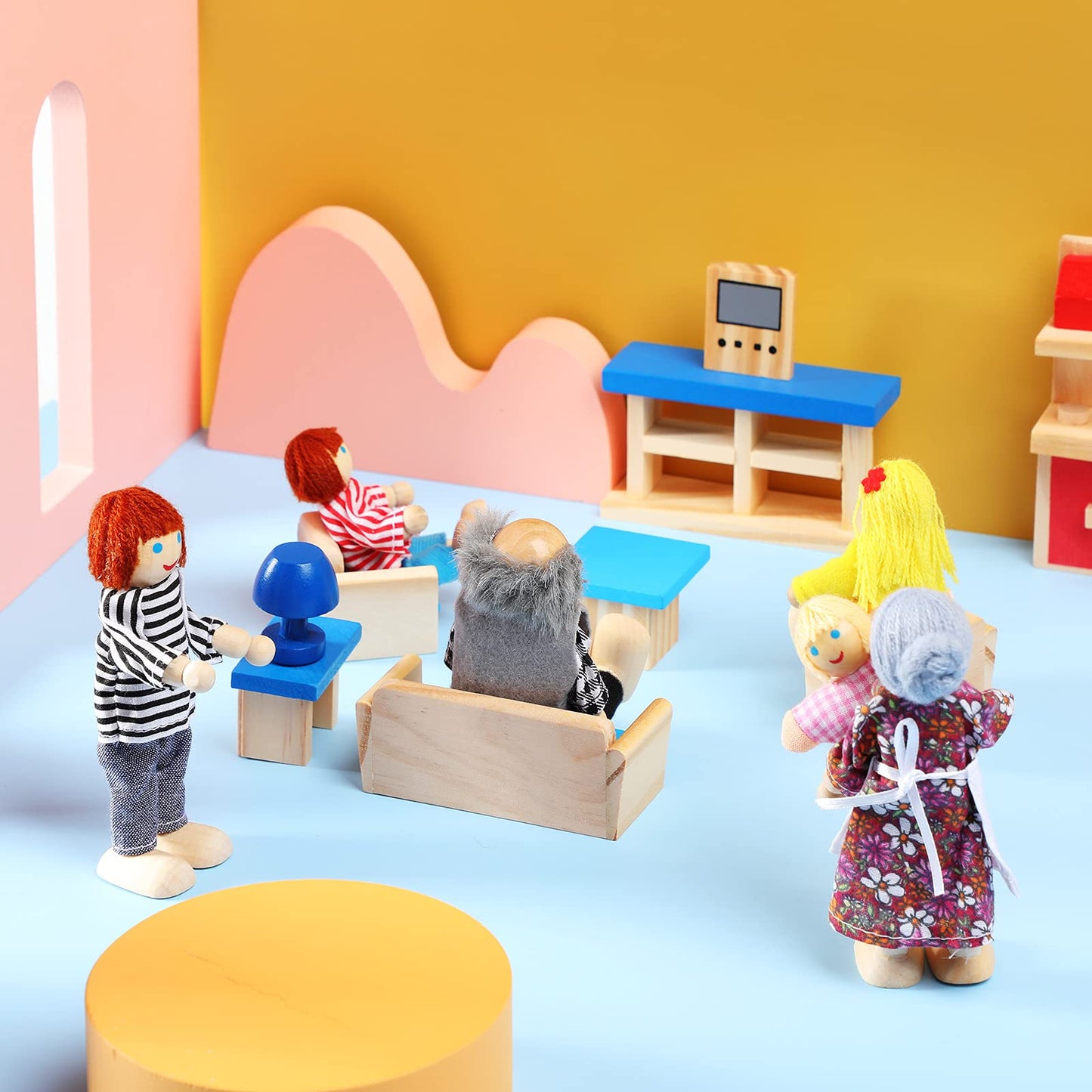 Sumind 43-Piece Wooden Dollhouse Furniture Set with Family Figures — 1:12 Scale, Classic Style