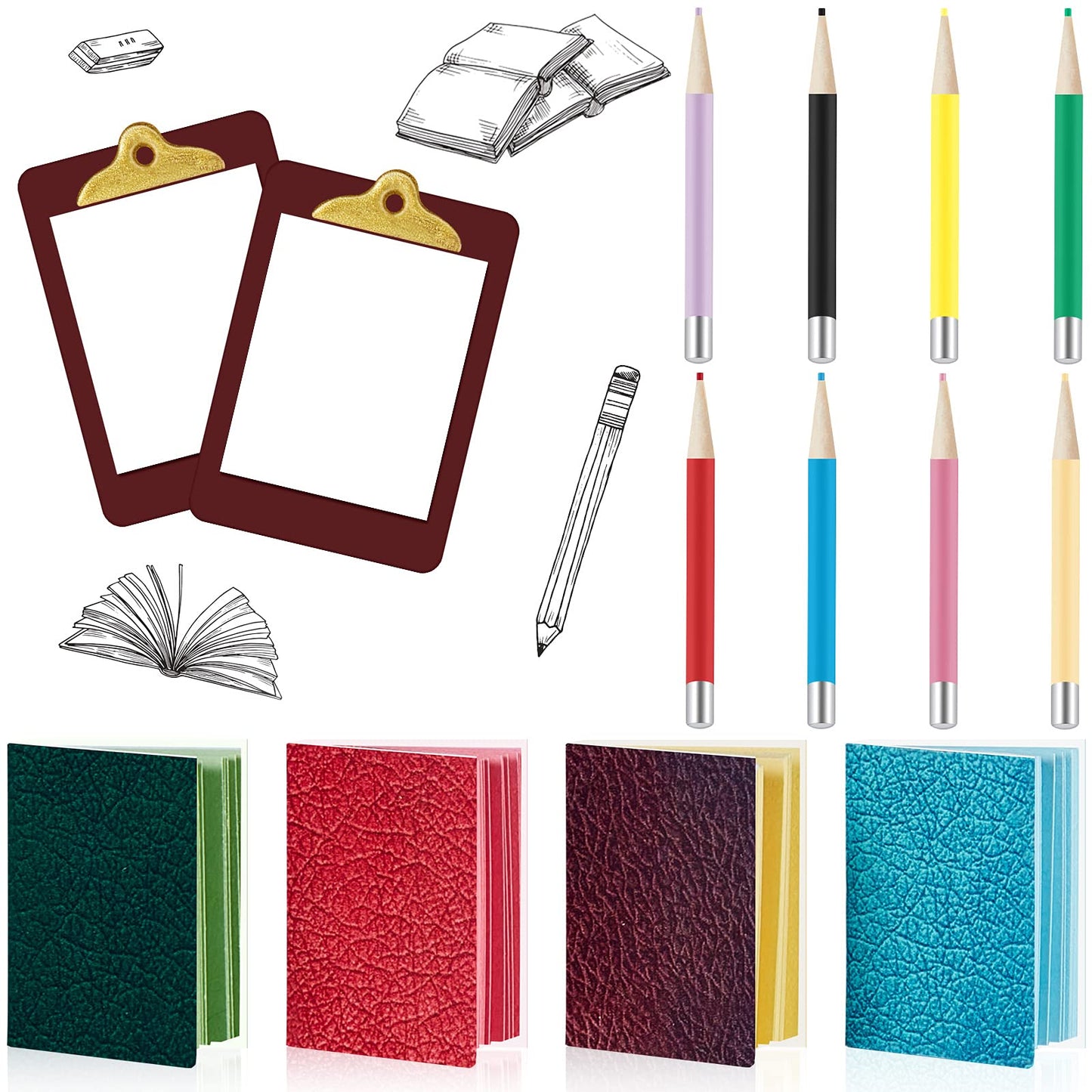 Sumind 4-Piece Miniature Book Set with Pencils & Clipboards for Dollhouse Decor | DIY Craft
