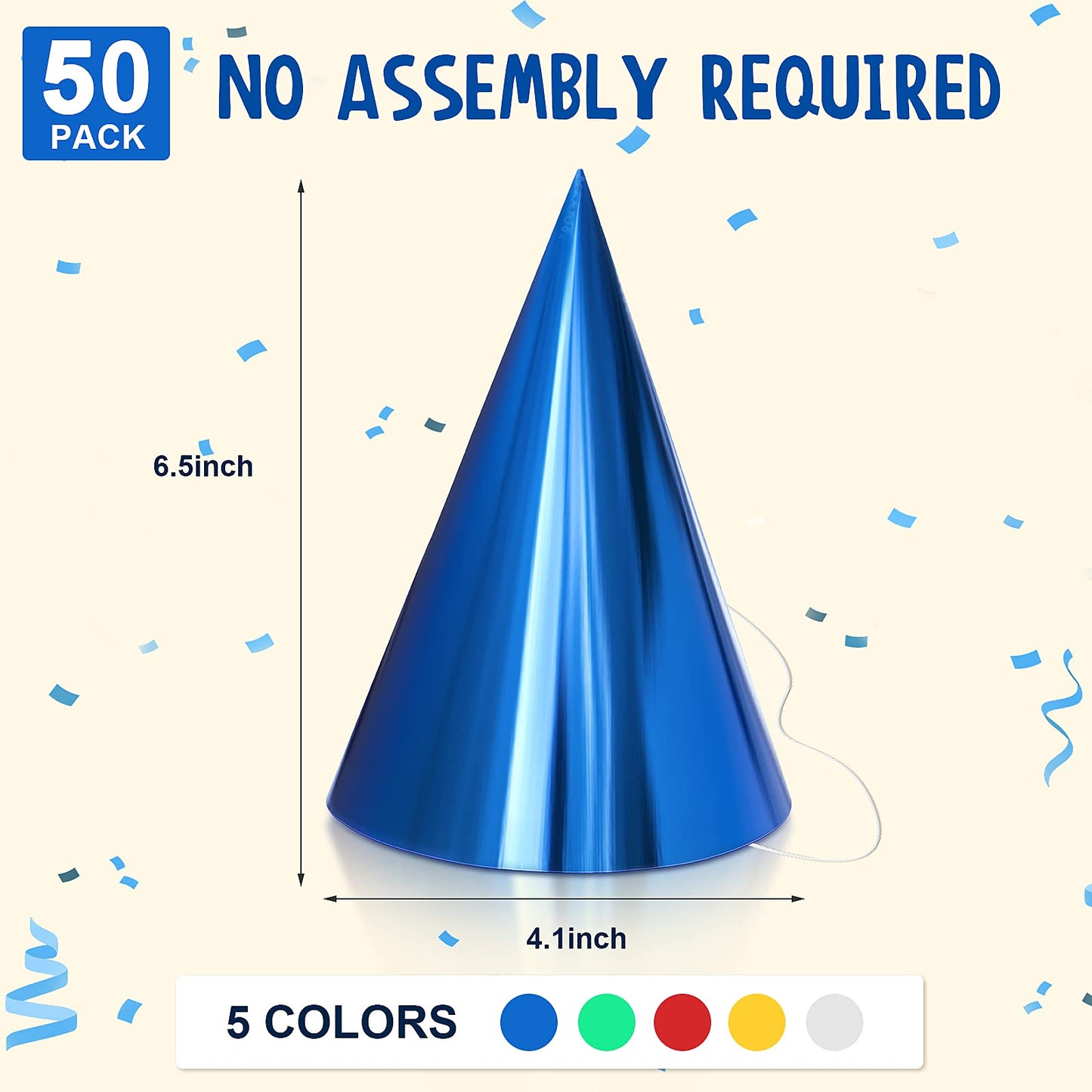 Sumind Party Hats – 50 Metallic Cone Hats in Gold, Silver, Red, Blue & Green
