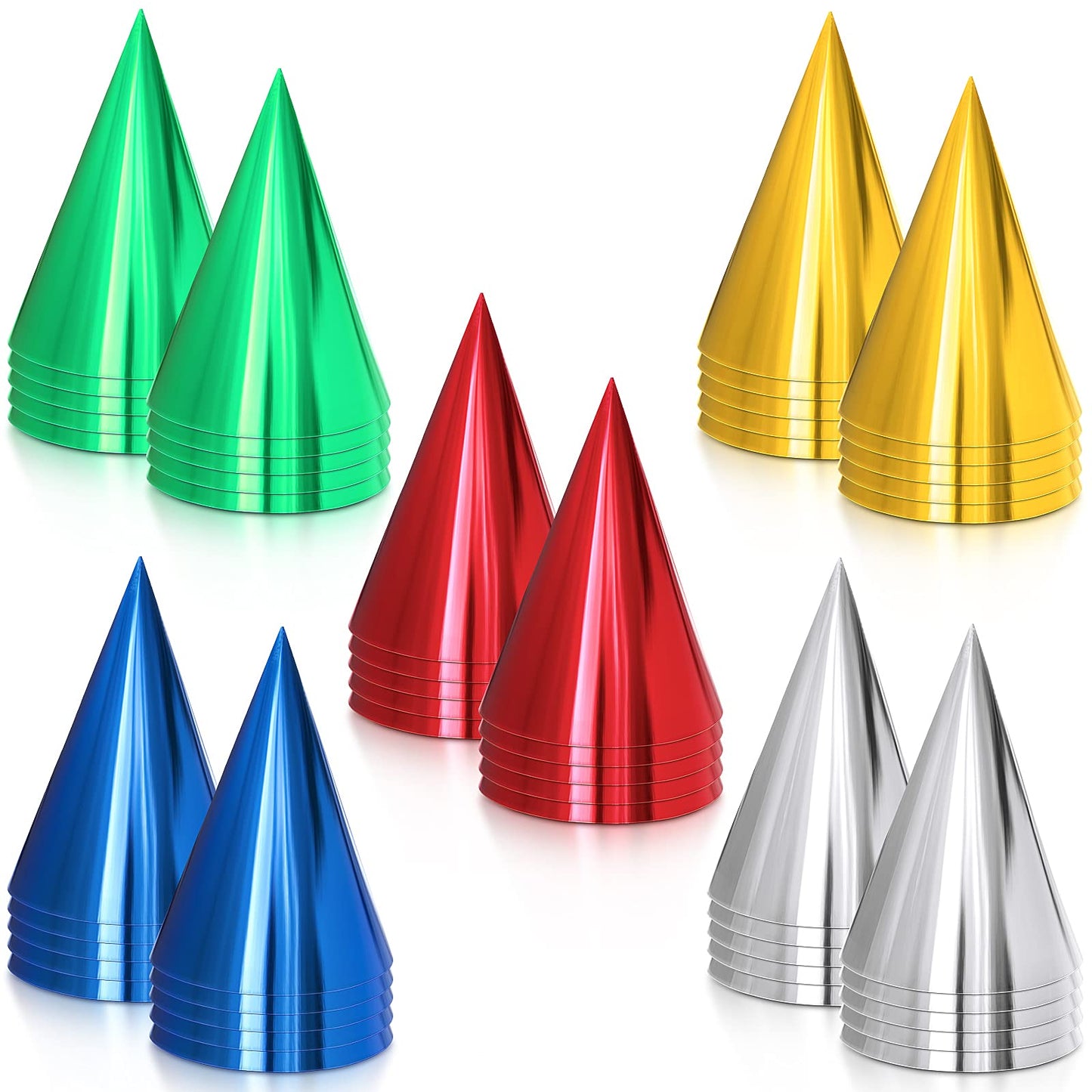 Sumind Party Hats – 50 Metallic Cone Hats in Gold, Silver, Red, Blue & Green