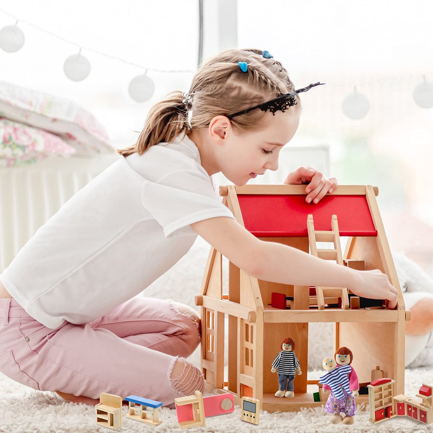 Sumind 43-Piece Wooden Dollhouse Furniture Set with Family Figures — 1:12 Scale, Classic Style