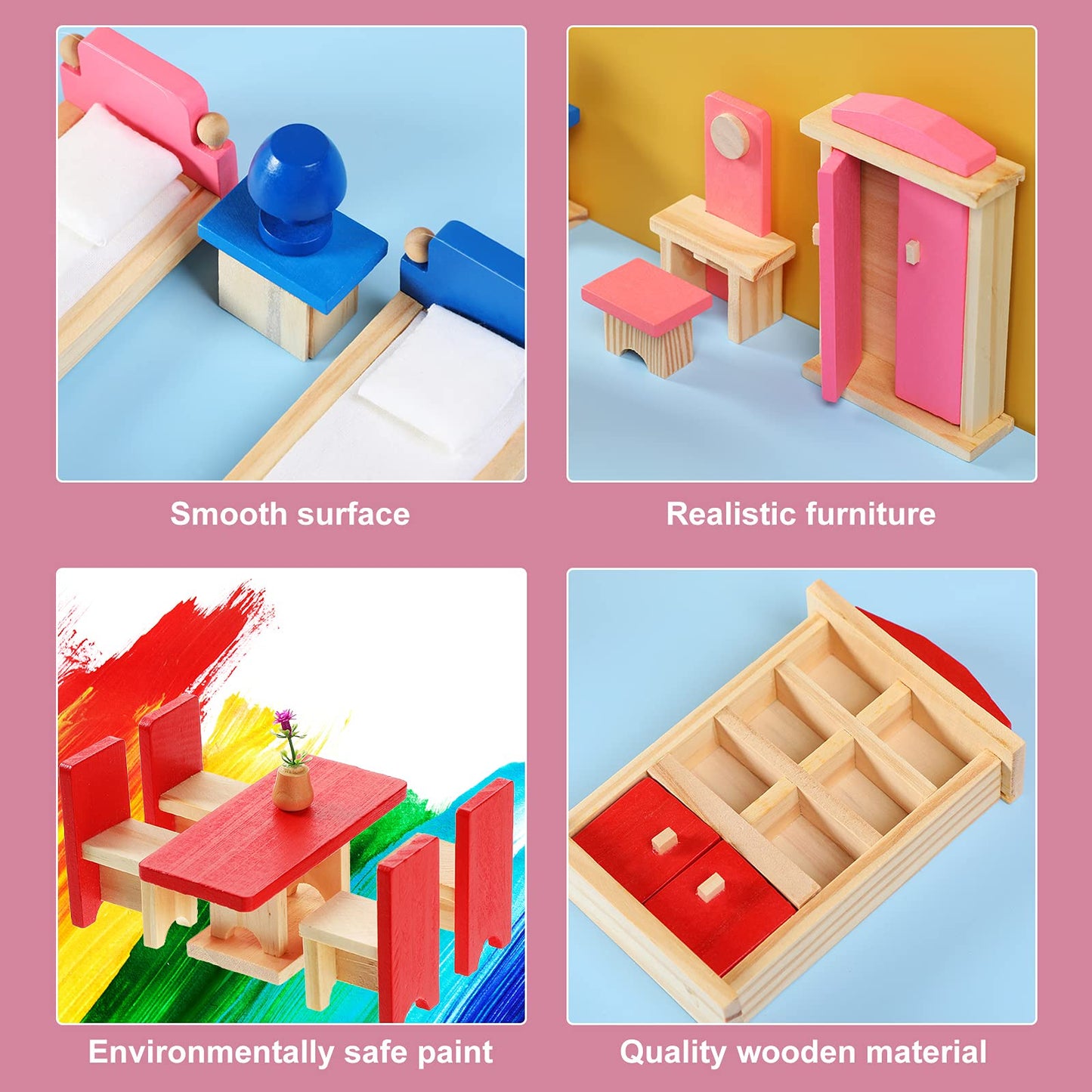 Sumind 43-Piece Wooden Dollhouse Furniture Set with Family Figures — 1:12 Scale, Classic Style