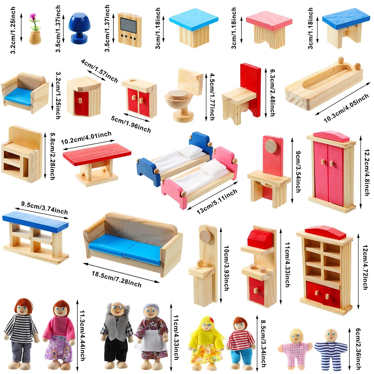 Sumind 43-Piece Wooden Dollhouse Furniture Set with Family Figures — 1:12 Scale, Classic Style