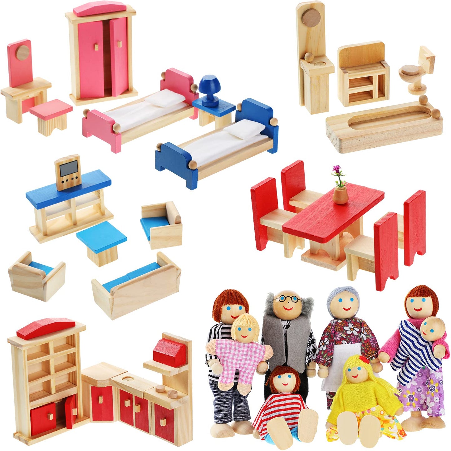 Sumind 43-Piece Wooden Dollhouse Furniture Set with Family Figures — 1:12 Scale, Classic Style