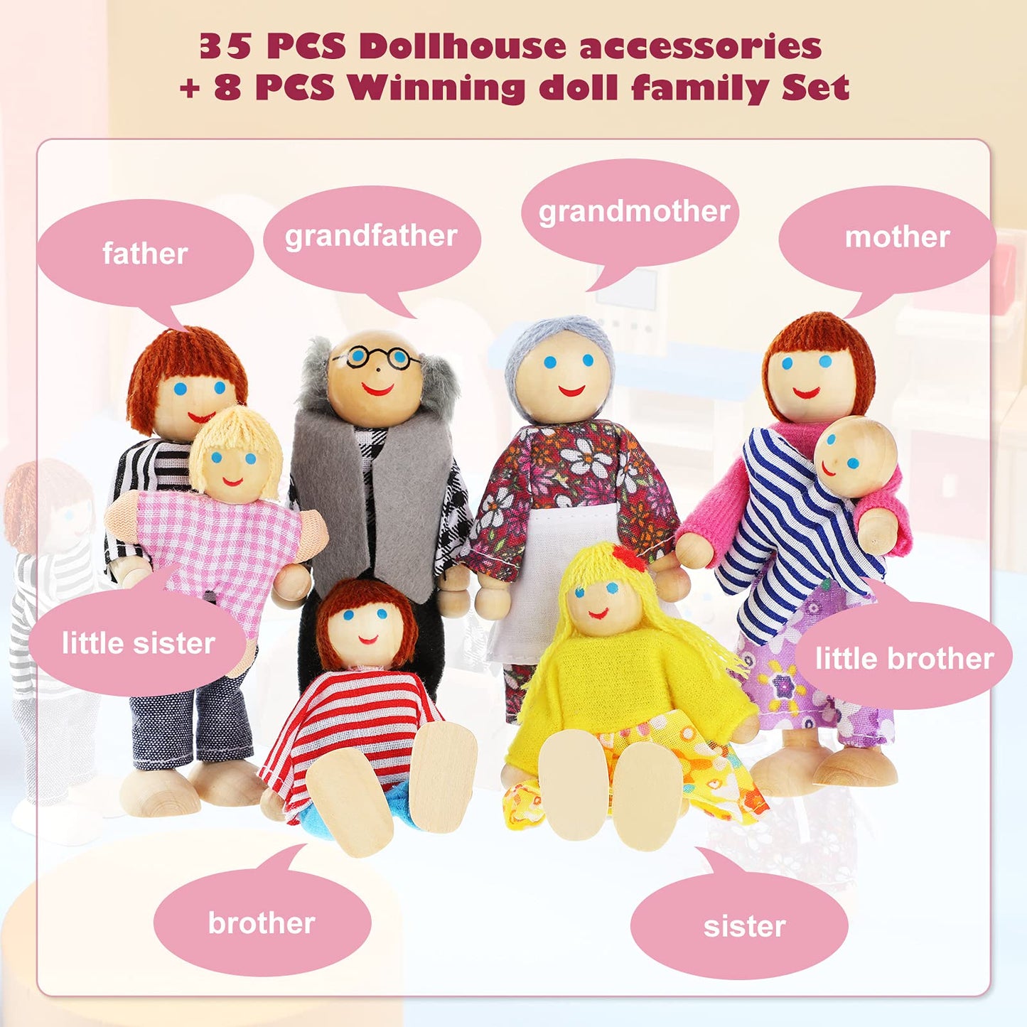 Sumind 43-Piece Wooden Dollhouse Furniture Set with Family Figures — 1:12 Scale, Classic Style