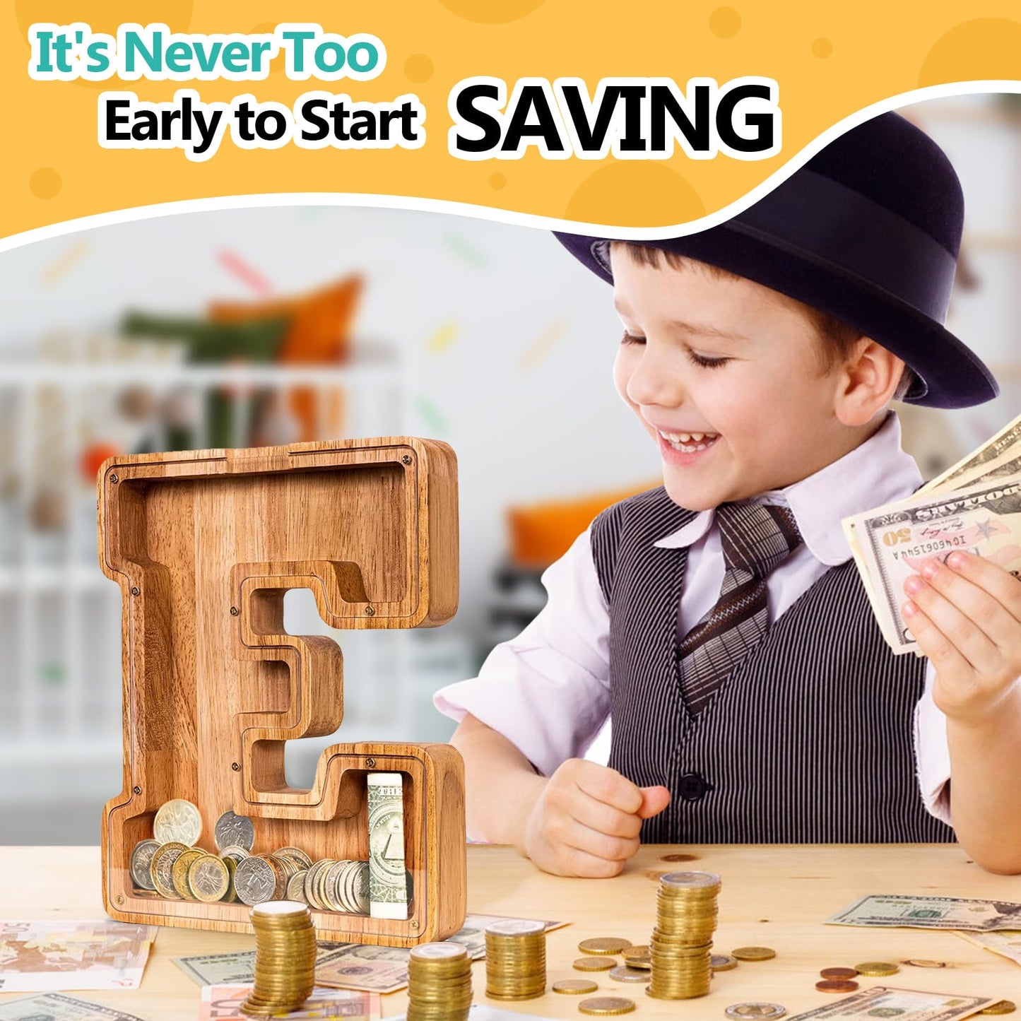 SummiDate Wooden Letter Piggy Bank for Kids – Personalized Alphabet Savings Box