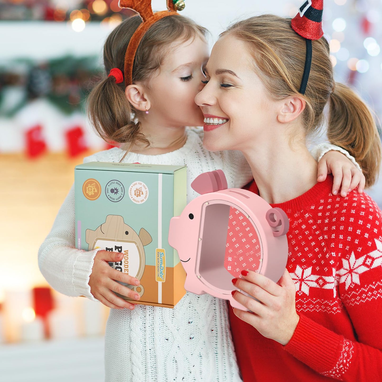 Summidate Pink Piggy Bank for Kids – Clear Wooden Money Box with DIY Stickers