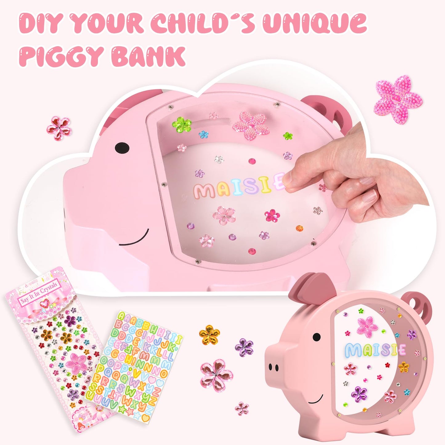 Summidate Pink Piggy Bank for Kids – Clear Wooden Money Box with DIY Stickers