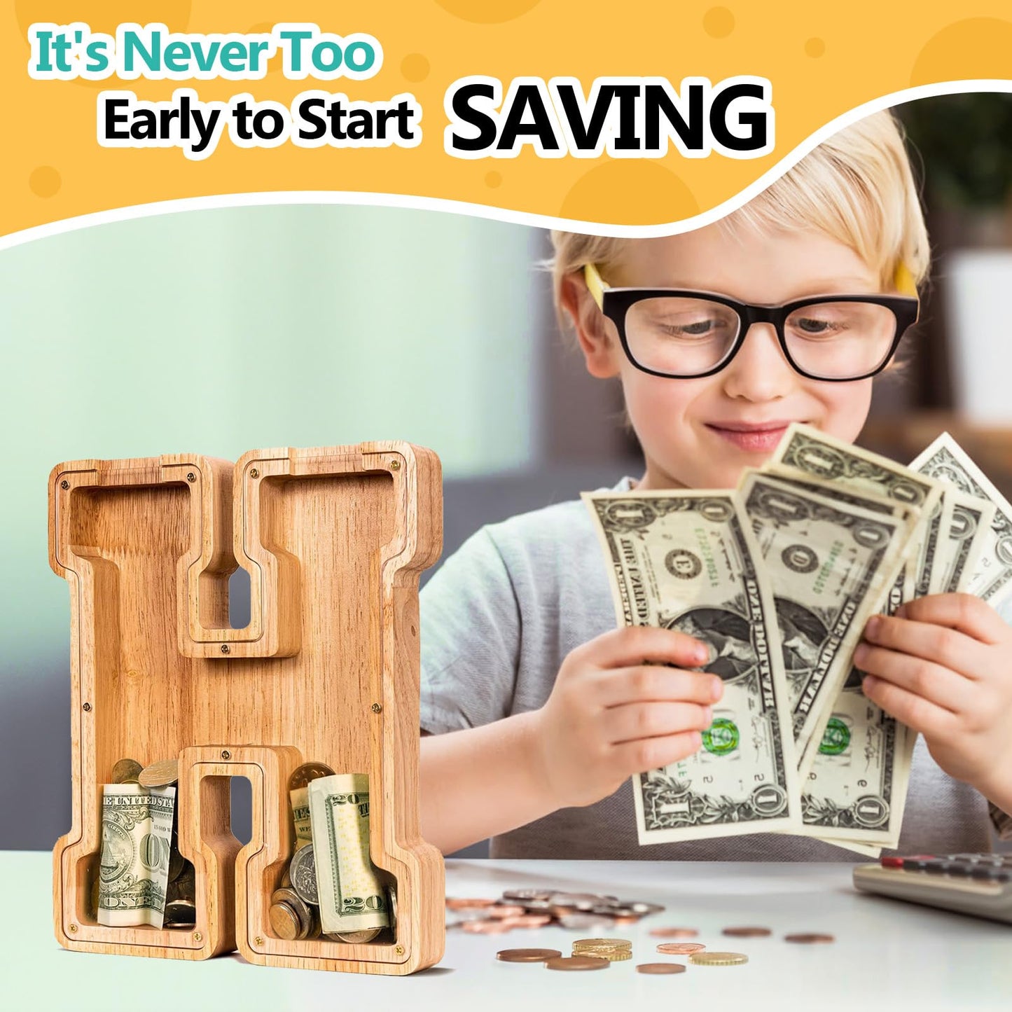 SummiDate Wooden Letter Piggy Bank for Kids — Personalized Initial Money Box