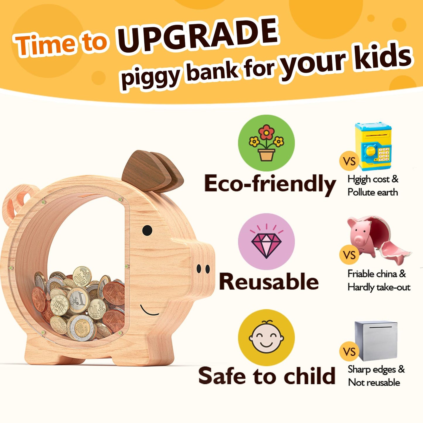 Summidate Wooden Piggy Bank for Kids – Large Durable Money Box