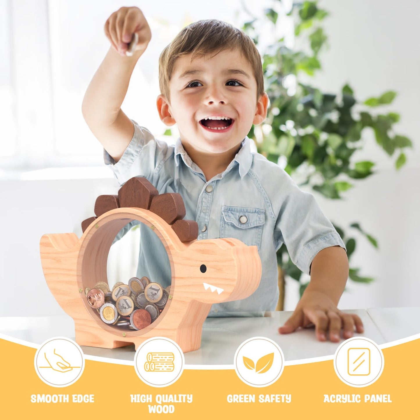 Summidate Wooden Dinosaur Piggy Bank – Personalized Dino Money Jar for Kids