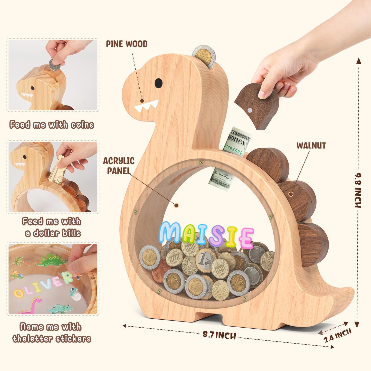 Summidate Wooden Dinosaur Piggy Bank for Kids – Personalized Dino Money Jar (Brachiosaurus)