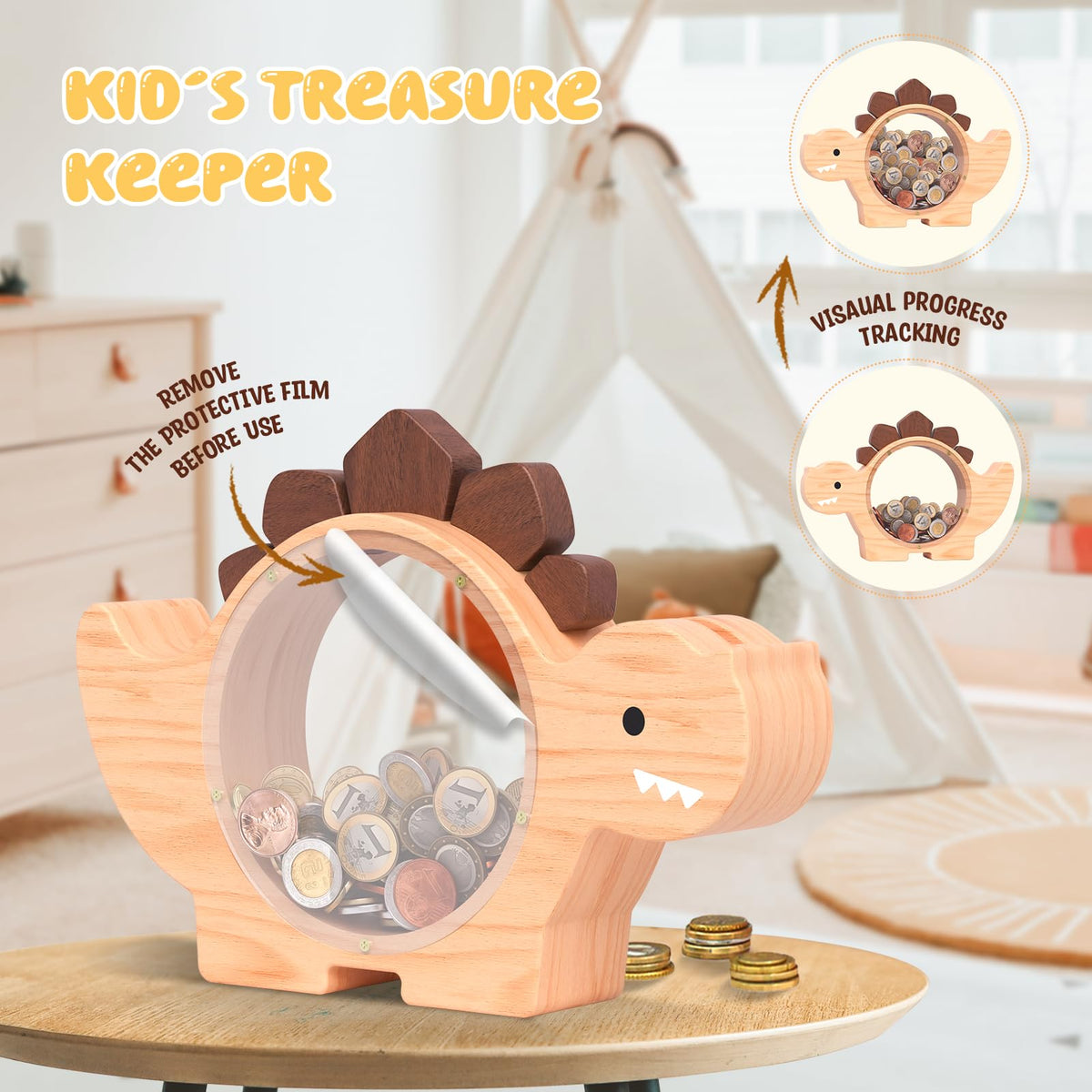 Summidate Wooden Dinosaur Piggy Bank – Personalized Dino Money Jar for Kids